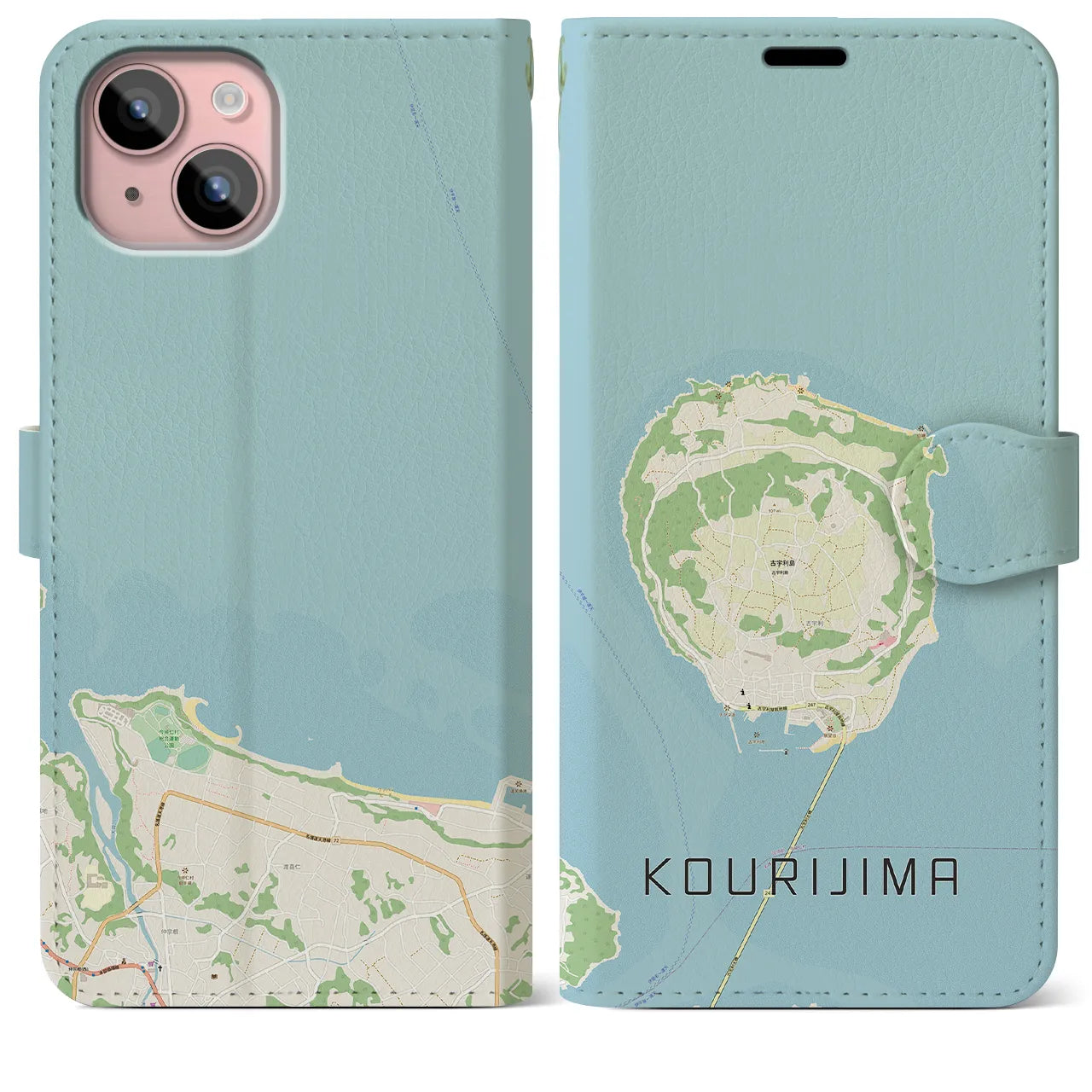 【古宇利島(沖縄県)】地図柄iPhoneケース(手帳タイプ)ナチュラル・iPhone 15 Plus 用