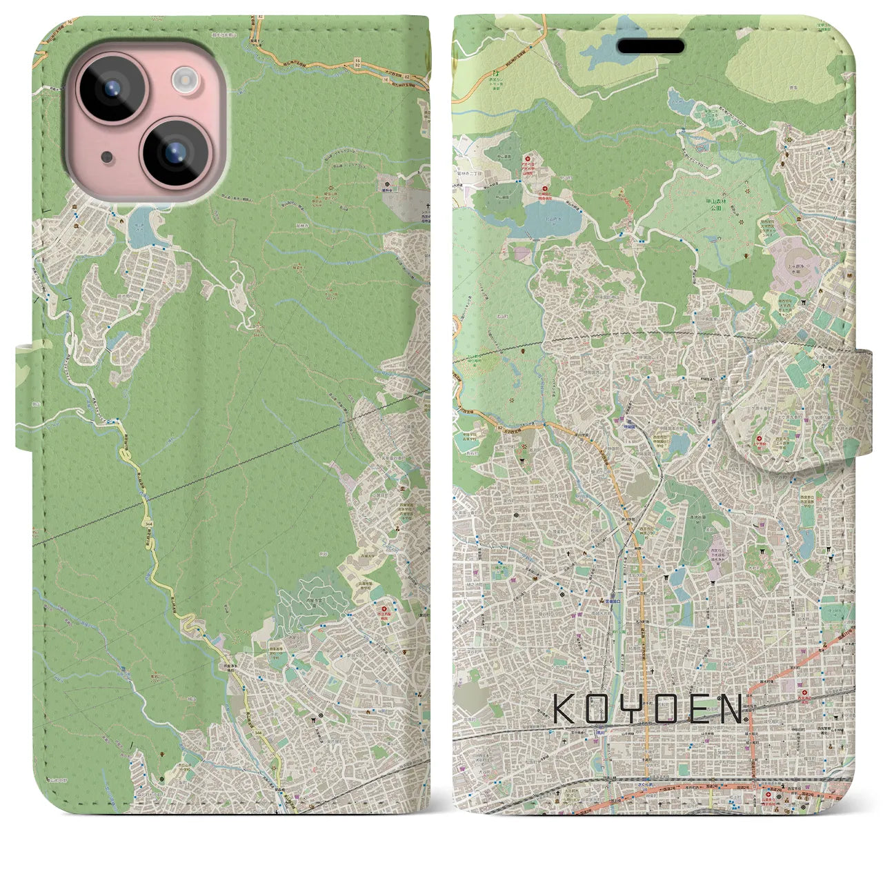 【甲陽園(兵庫県)】地図柄iPhoneケース(手帳タイプ)ナチュラル・iPhone 15 Plus 用