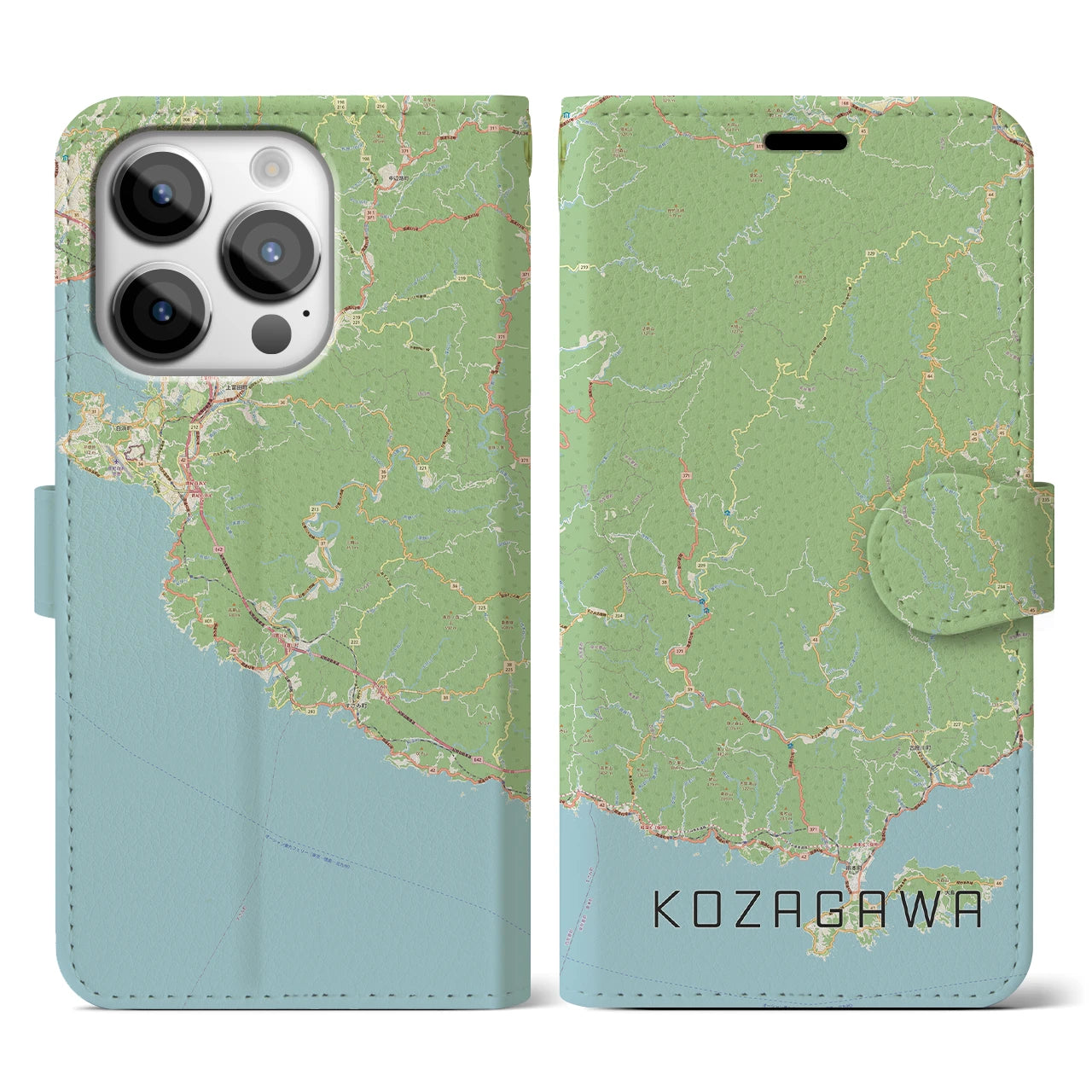 【古座川(和歌山県)】地図柄iPhoneケース(手帳タイプ)ナチュラル・iPhone 14 Pro 用