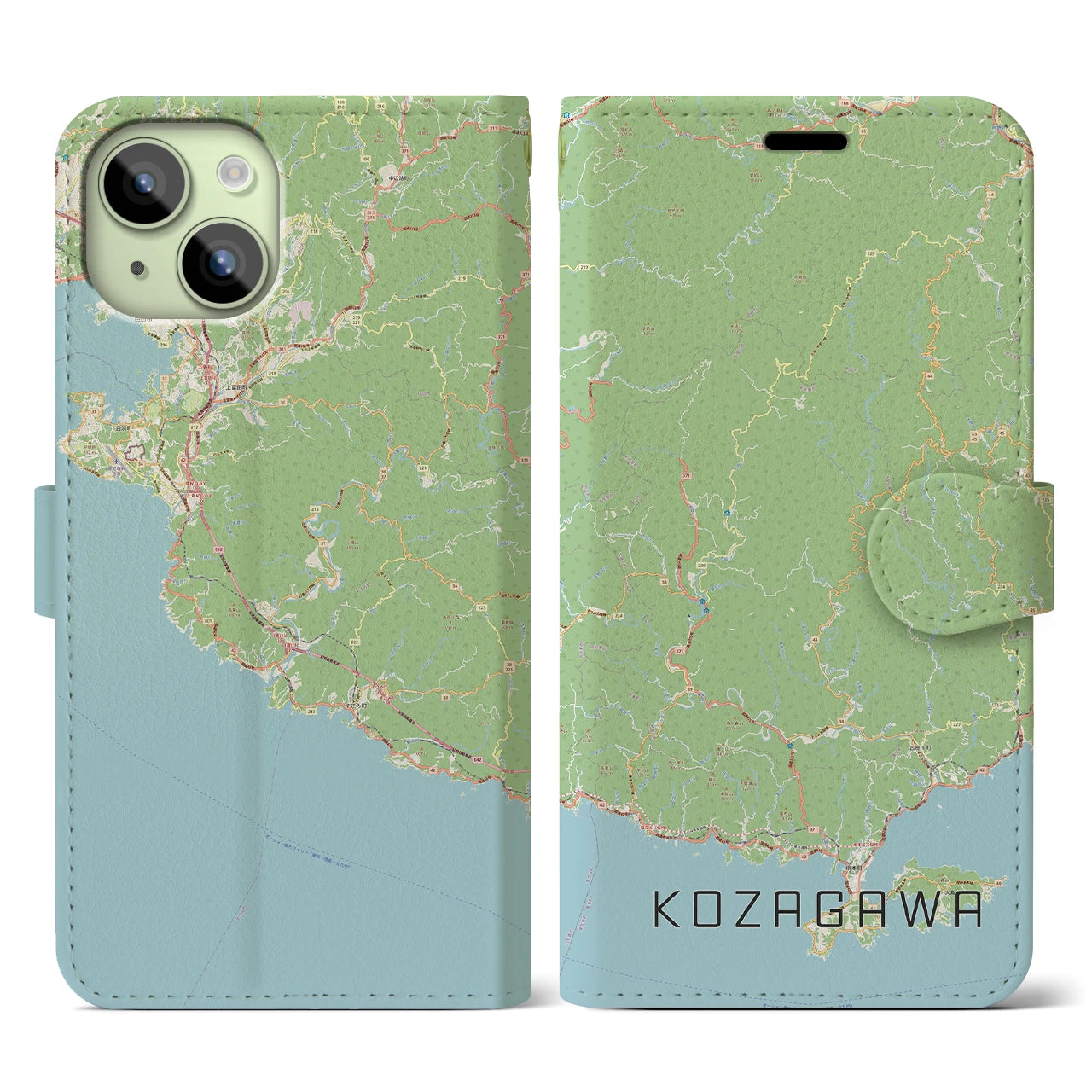 【古座川(和歌山県)】地図柄iPhoneケース(手帳タイプ)ナチュラル・iPhone 15 用