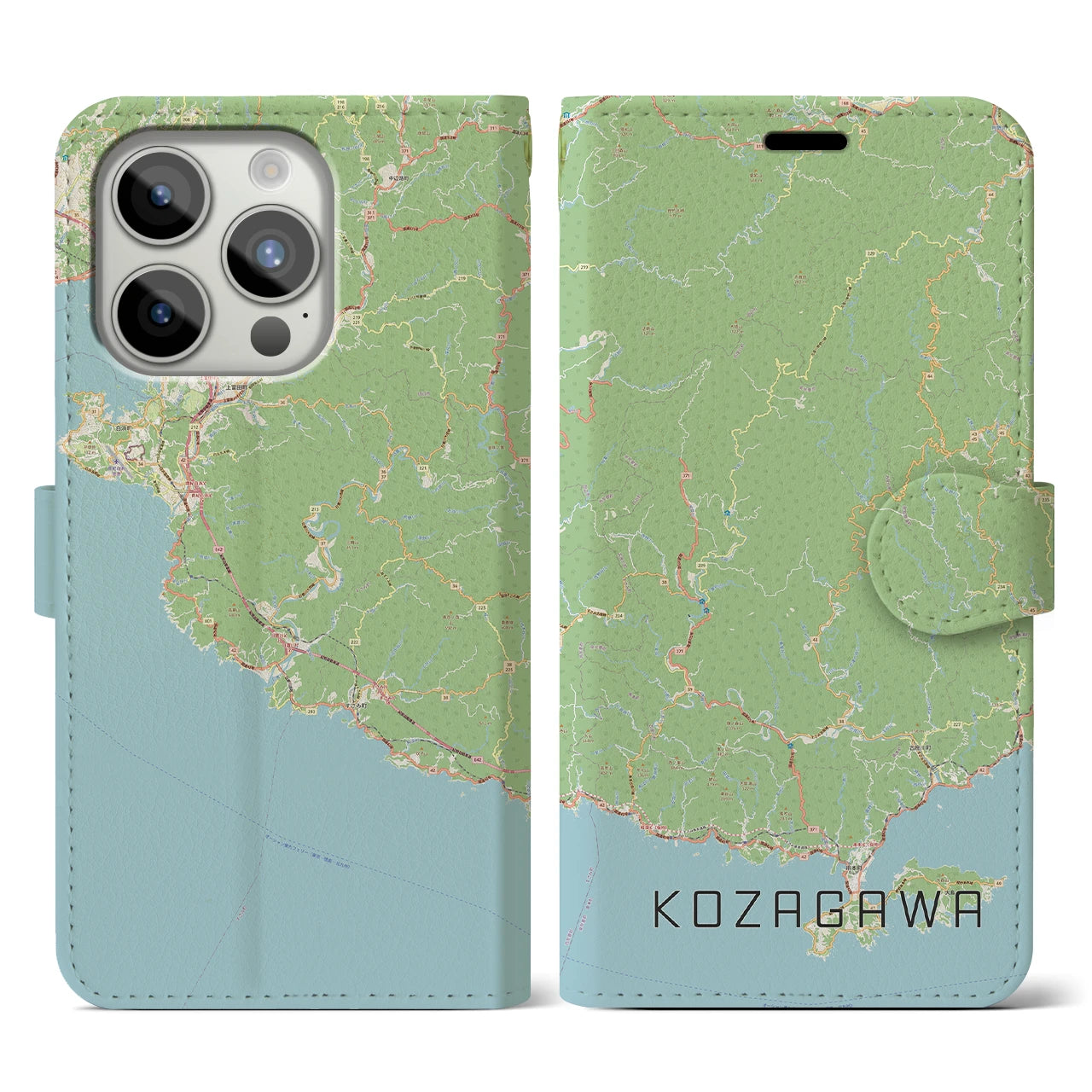 【古座川(和歌山県)】地図柄iPhoneケース(手帳タイプ)ナチュラル・iPhone 15 Pro 用