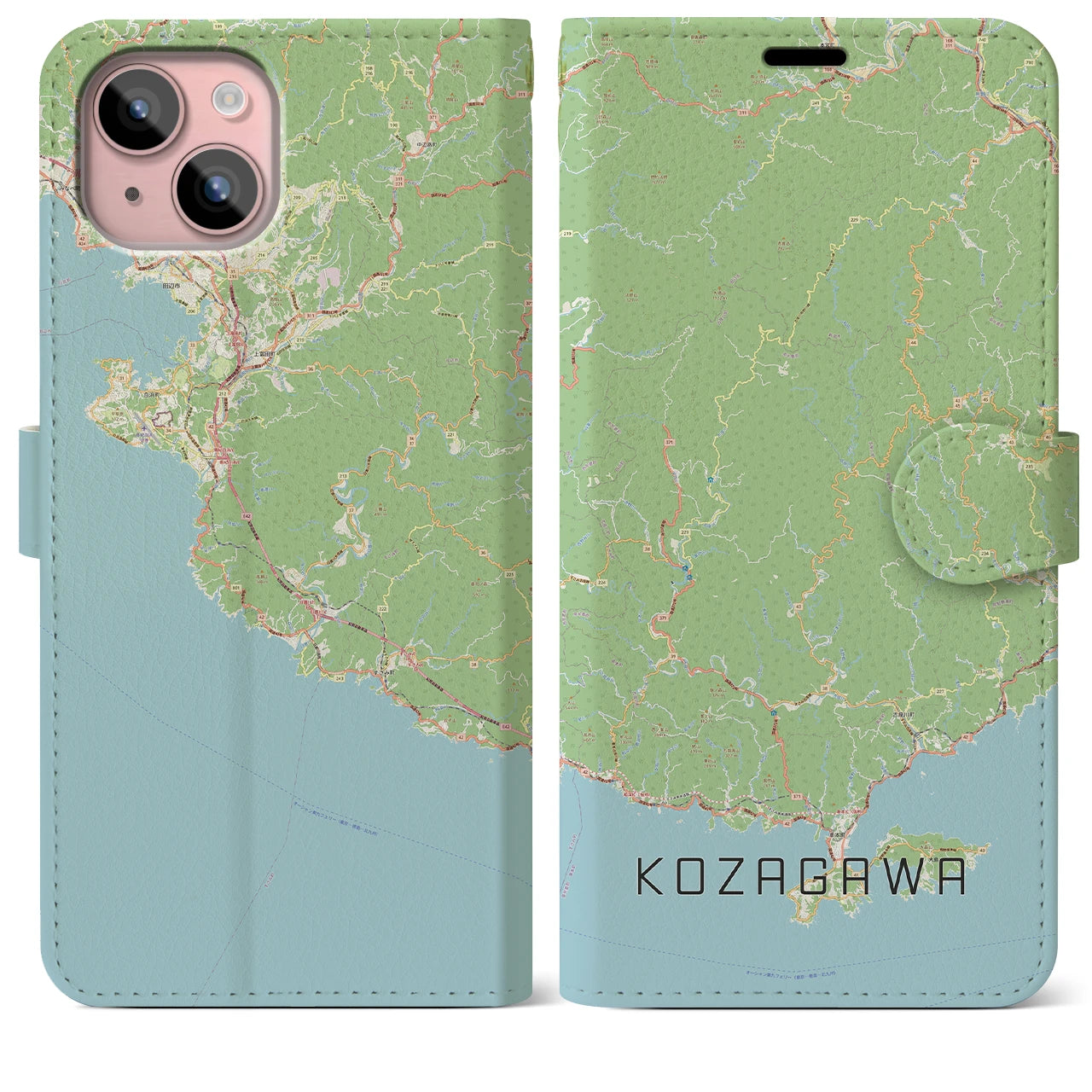 【古座川(和歌山県)】地図柄iPhoneケース(手帳タイプ)ナチュラル・iPhone 15 Plus 用