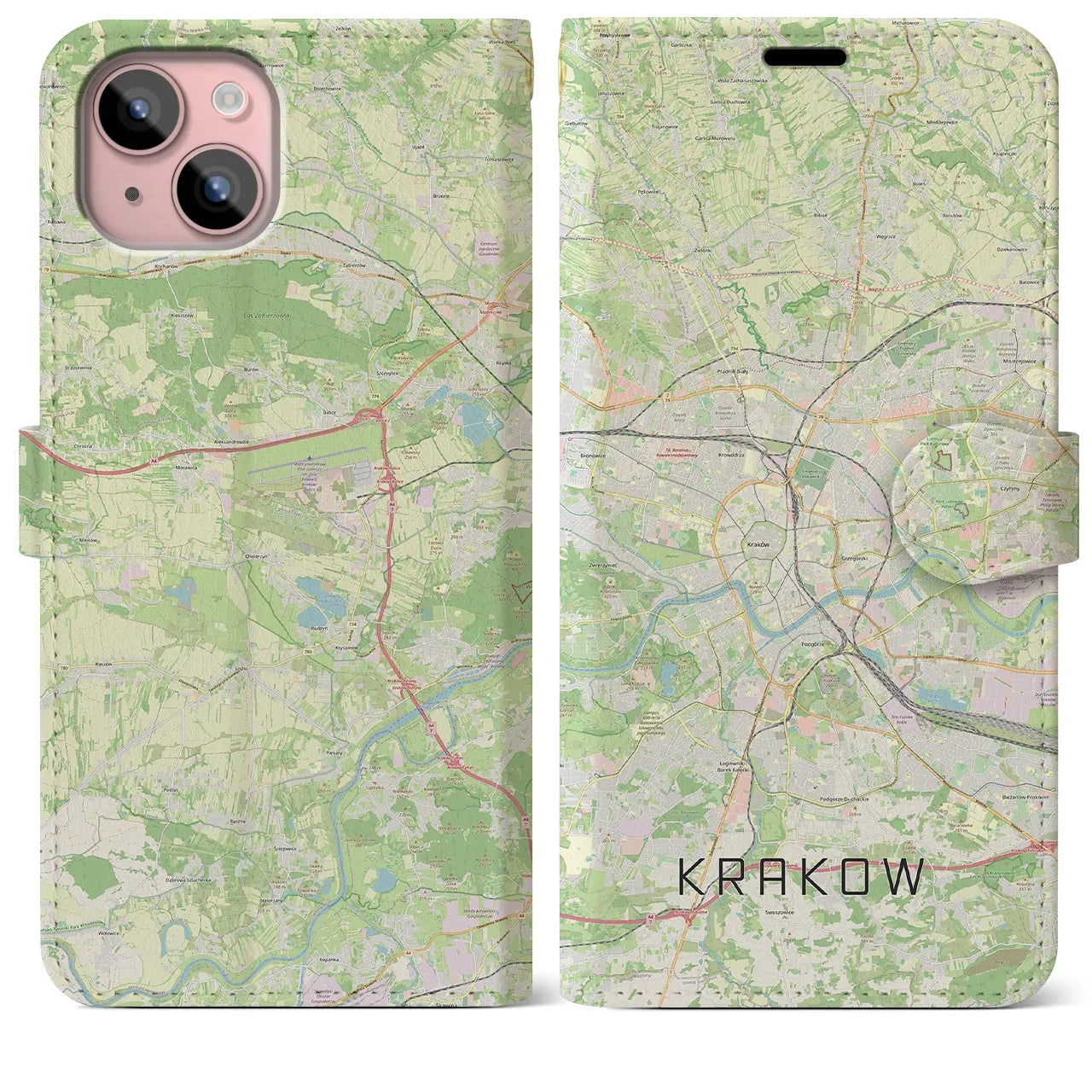 【クラクフ(ポーランド)】地図柄iPhoneケース(手帳タイプ)ナチュラル・iPhone 15 Plus 用