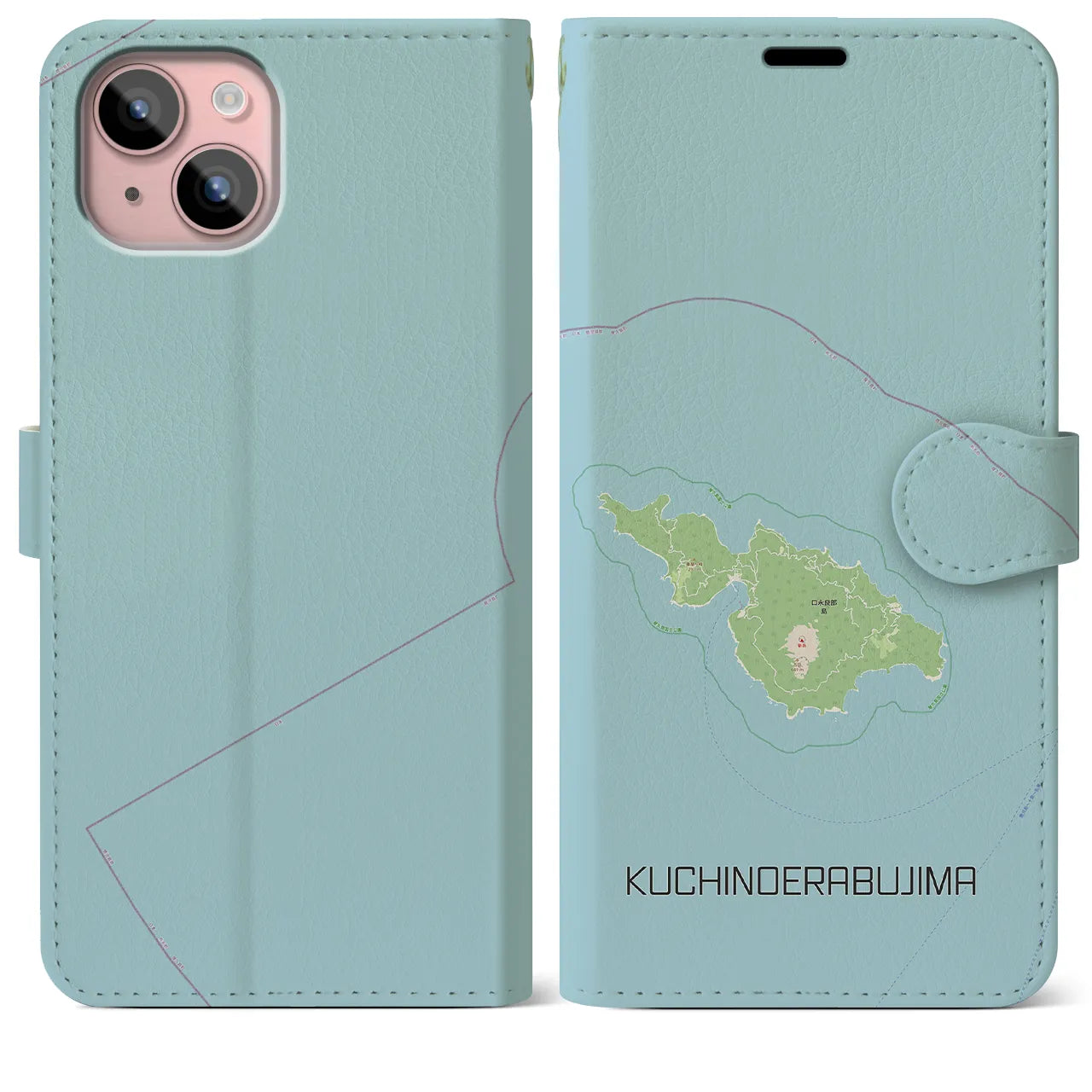 【口永良部島(鹿児島県)】地図柄iPhoneケース(手帳タイプ)ナチュラル・iPhone 15 Plus 用