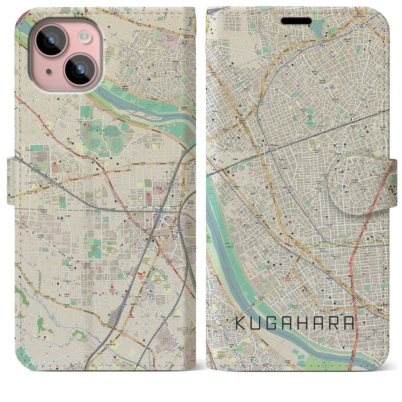 【久が原(東京都)】地図柄iPhoneケース(手帳タイプ)ナチュラル・iPhone 15 Plus 用