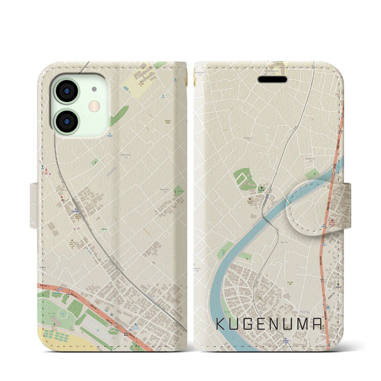 【鵠沼(神奈川県)】地図柄iPhoneケース(手帳タイプ)ナチュラル・iPhone 12 mini 用
