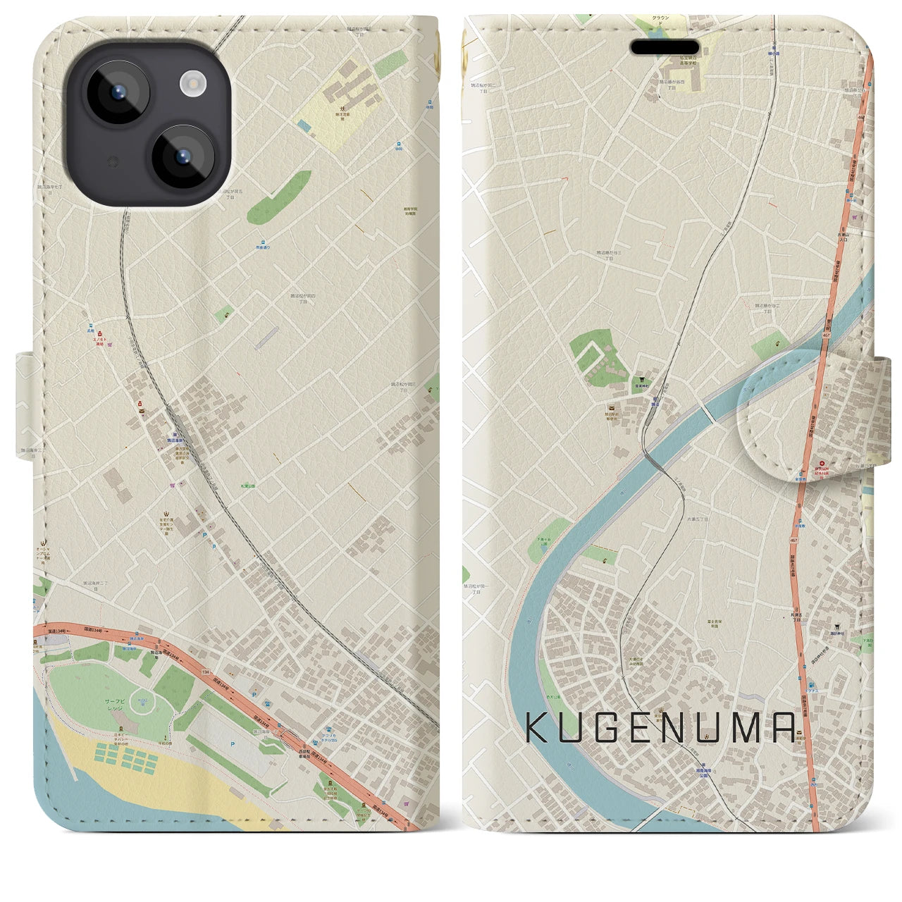 【鵠沼(神奈川県)】地図柄iPhoneケース(手帳タイプ)ナチュラル・iPhone 14 Plus 用