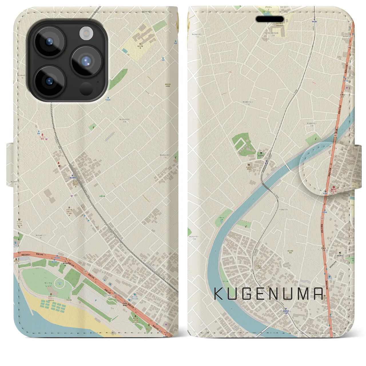 【鵠沼(神奈川県)】地図柄iPhoneケース(手帳タイプ)ナチュラル・iPhone 15 Pro Max 用