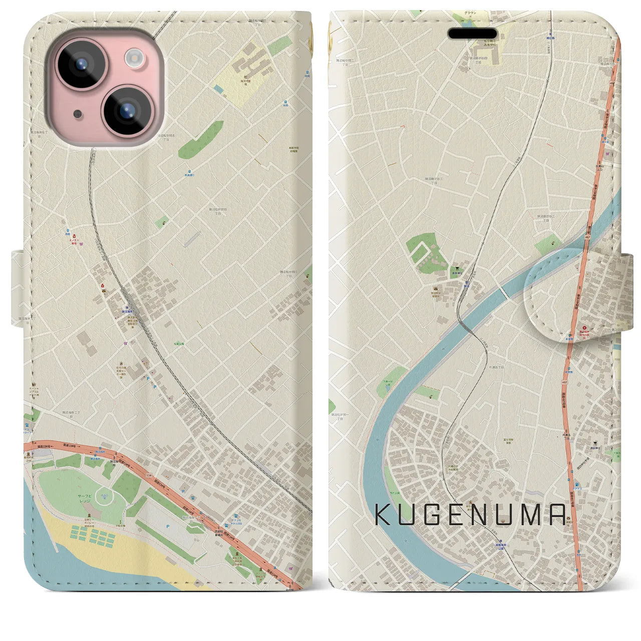 【鵠沼(神奈川県)】地図柄iPhoneケース(手帳タイプ)ナチュラル・iPhone 15 Plus 用