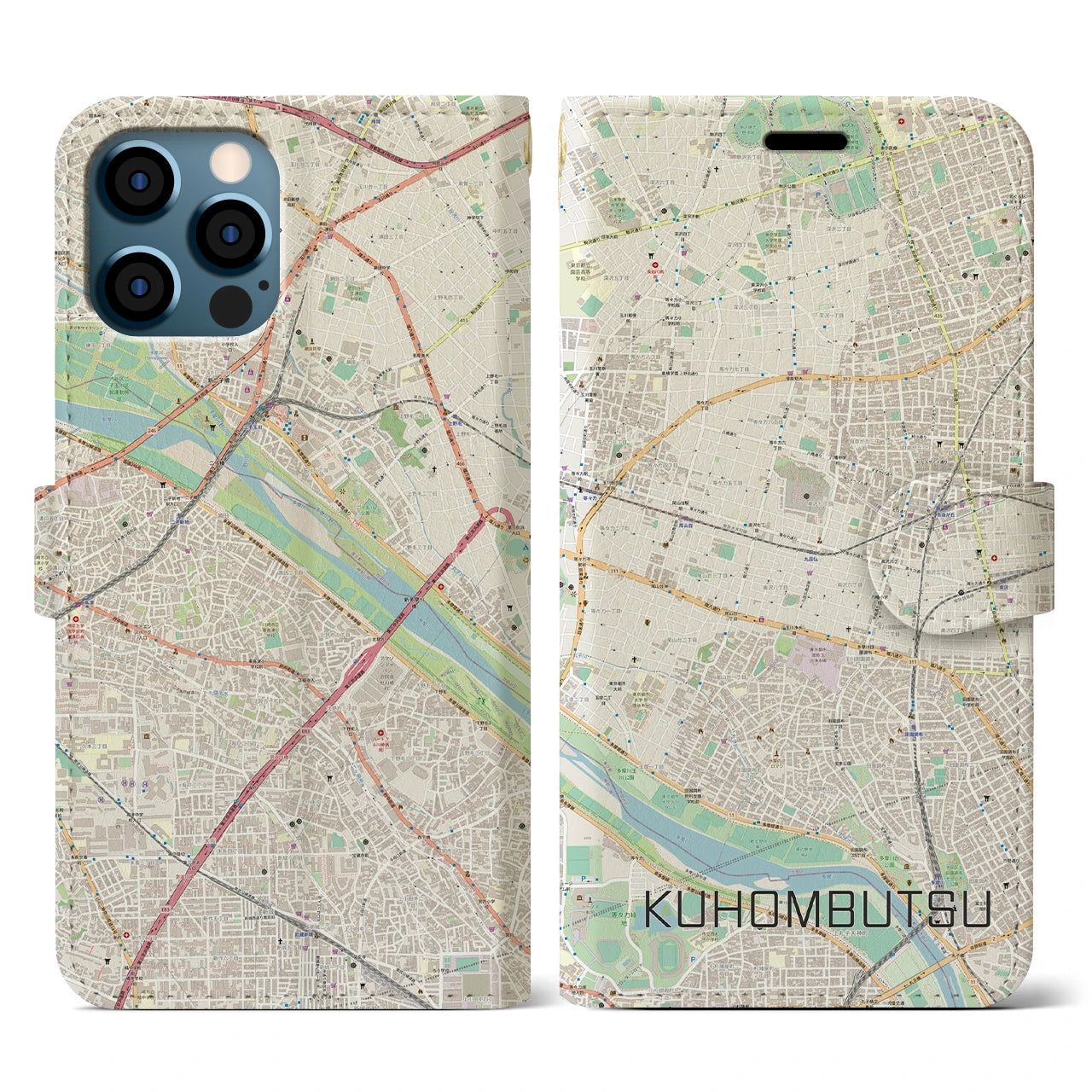 【九品仏(東京都)】地図柄iPhoneケース(手帳タイプ)ナチュラル・iPhone 12 / 12 Pro 用