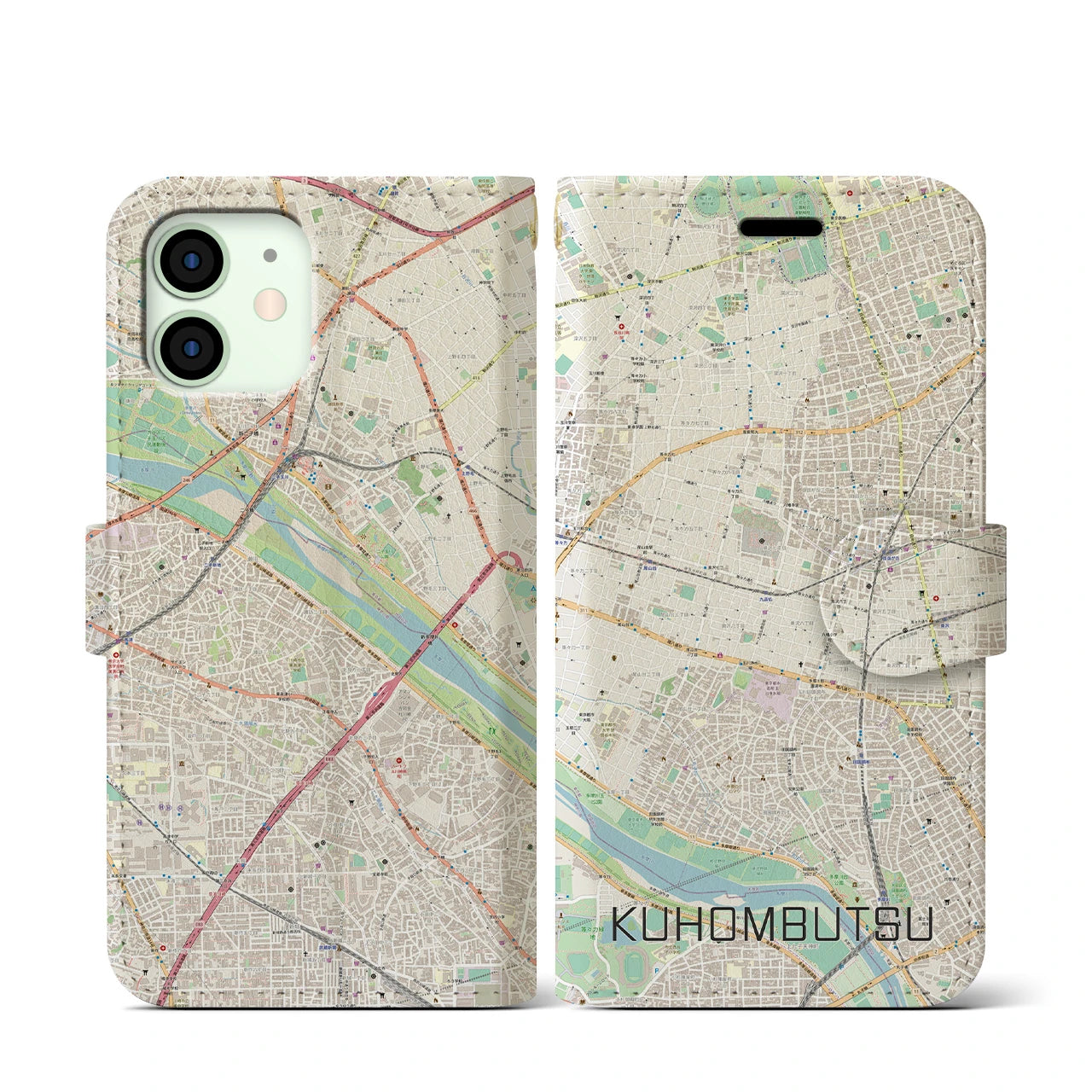 【九品仏(東京都)】地図柄iPhoneケース(手帳タイプ)ナチュラル・iPhone 12 mini 用