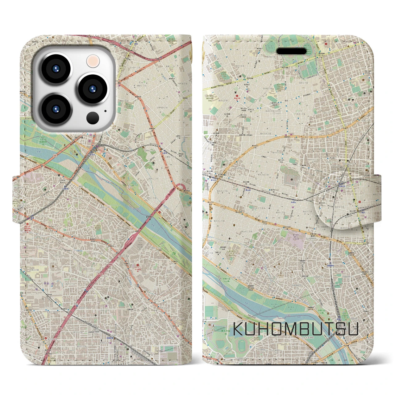 【九品仏(東京都)】地図柄iPhoneケース(手帳タイプ)ナチュラル・iPhone 13 Pro 用