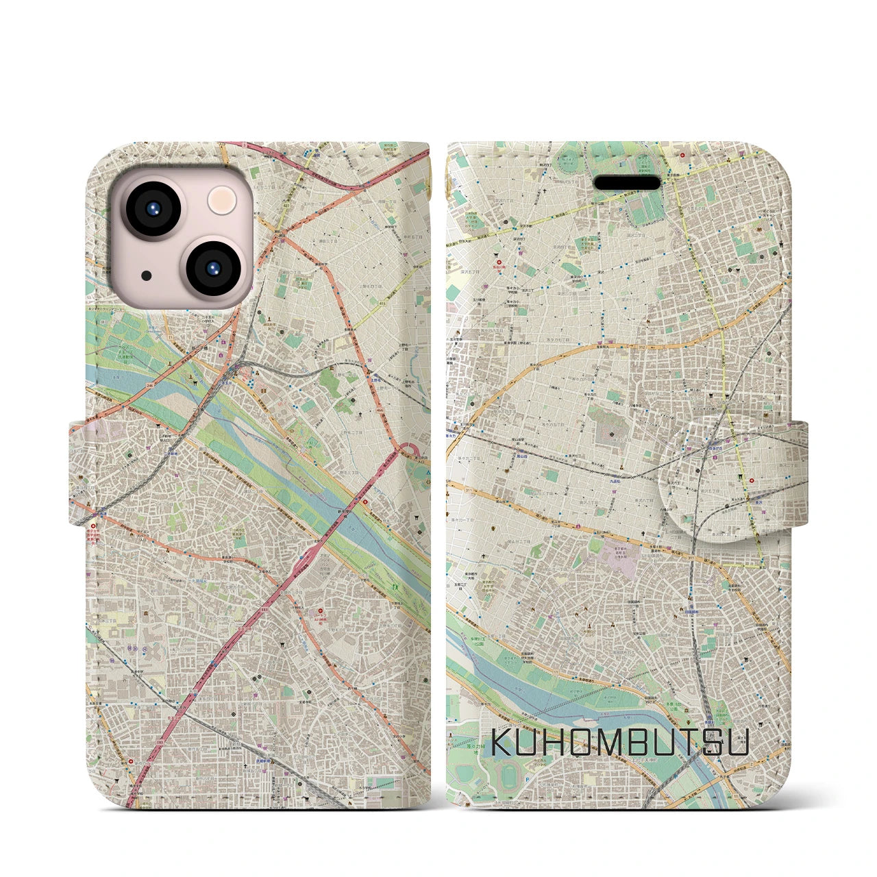 【九品仏(東京都)】地図柄iPhoneケース(手帳タイプ)ナチュラル・iPhone 13 mini 用