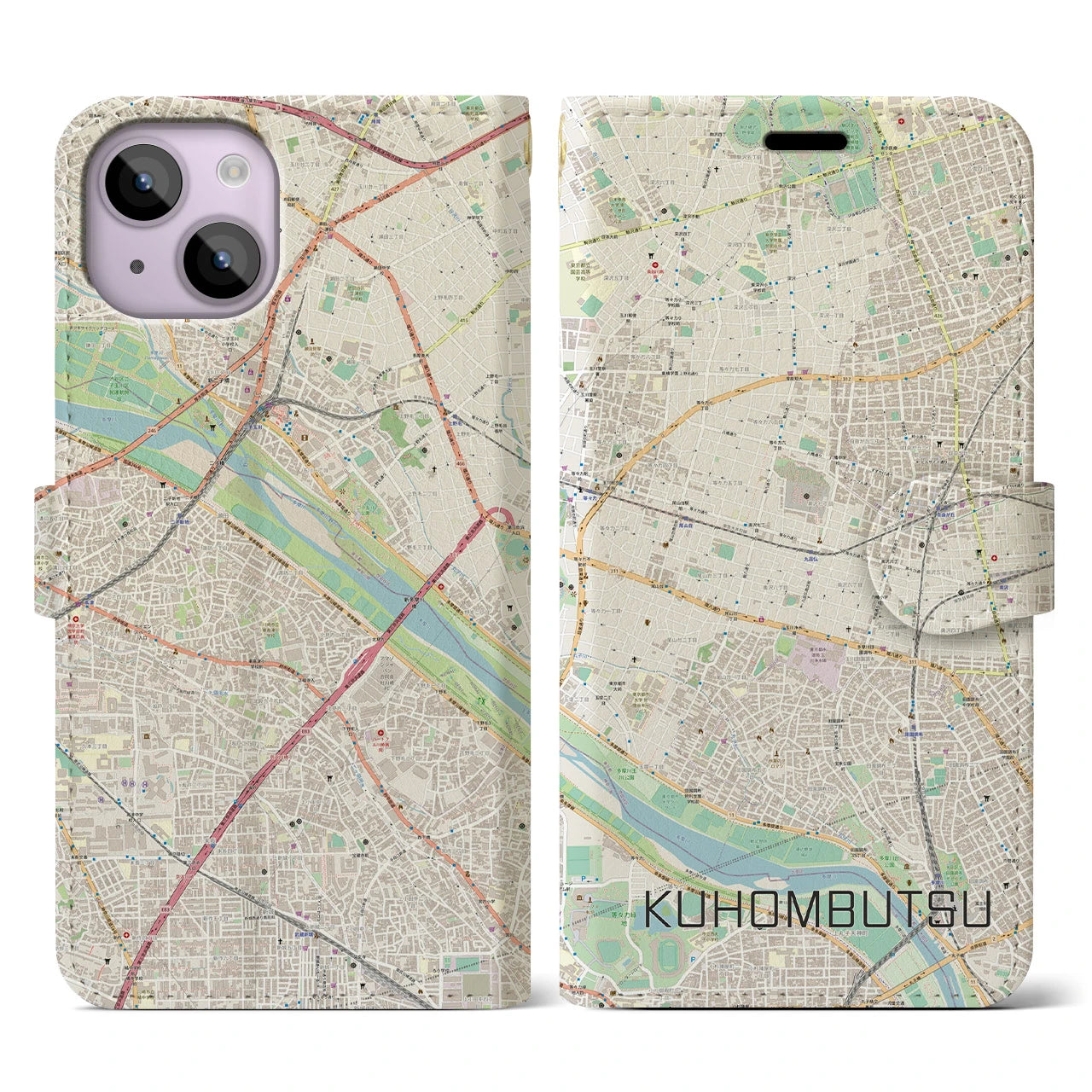 【九品仏(東京都)】地図柄iPhoneケース(手帳タイプ)ナチュラル・iPhone 14 用