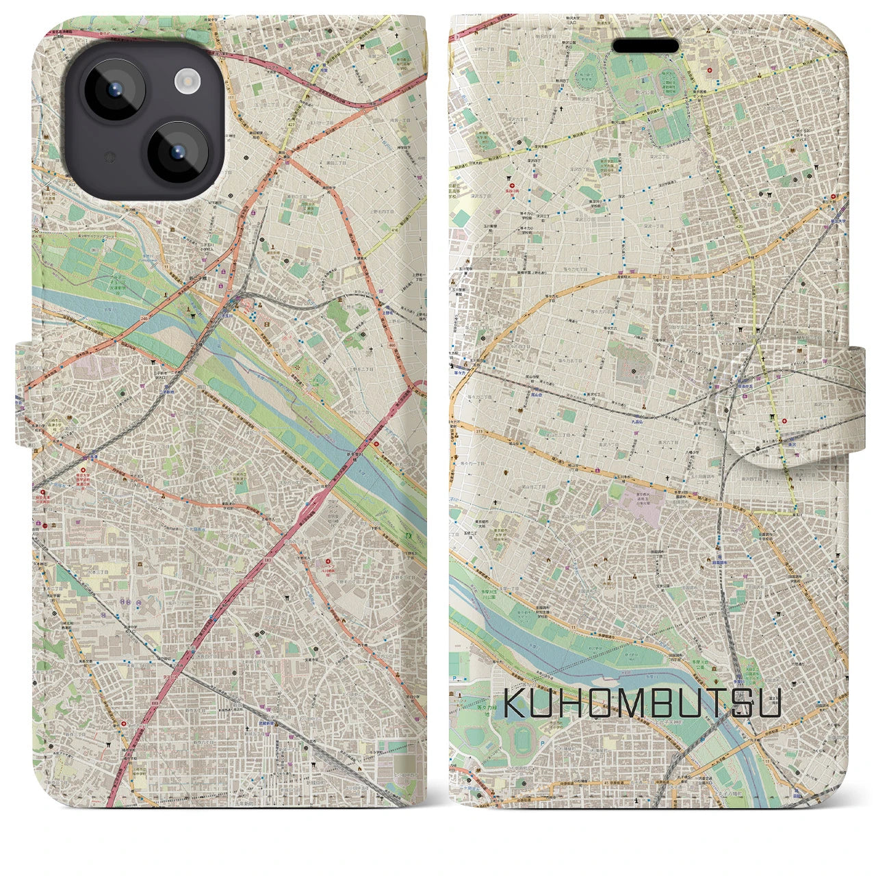【九品仏(東京都)】地図柄iPhoneケース(手帳タイプ)ナチュラル・iPhone 14 Plus 用