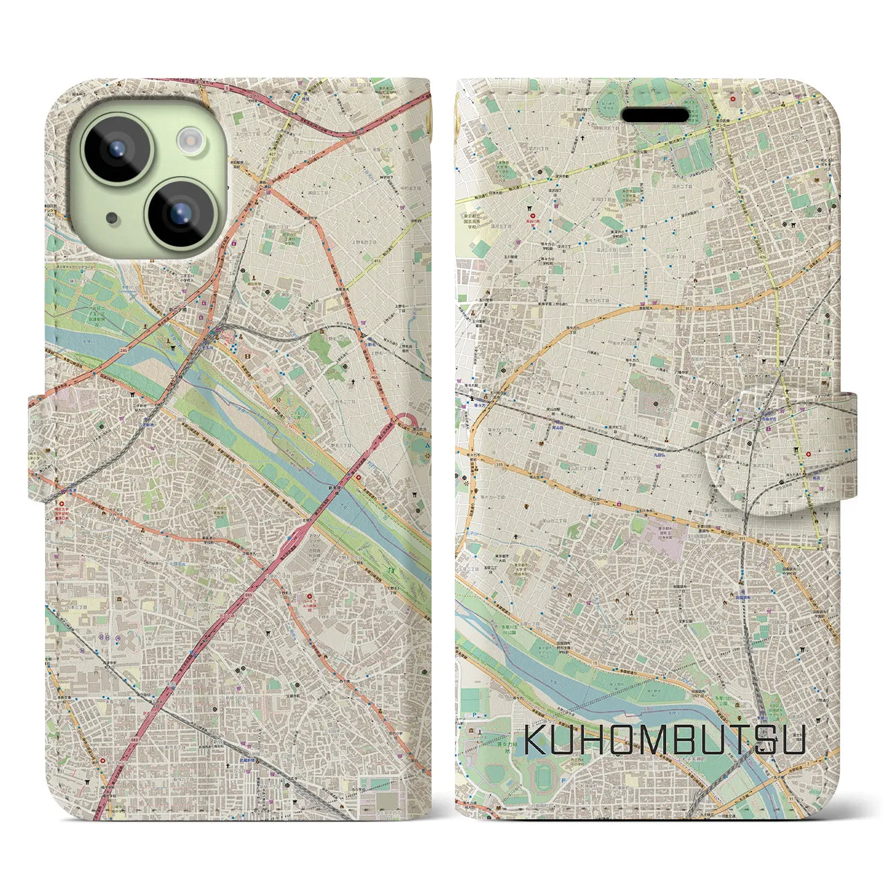 【九品仏(東京都)】地図柄iPhoneケース(手帳タイプ)ナチュラル・iPhone 15 用