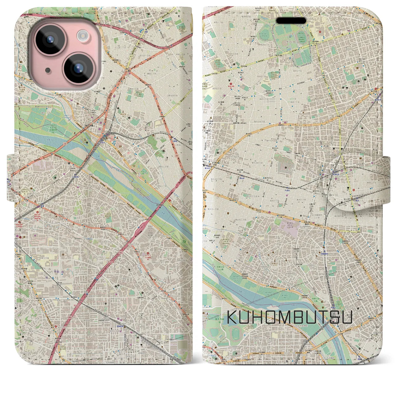 【九品仏(東京都)】地図柄iPhoneケース(手帳タイプ)ナチュラル・iPhone 15 Plus 用