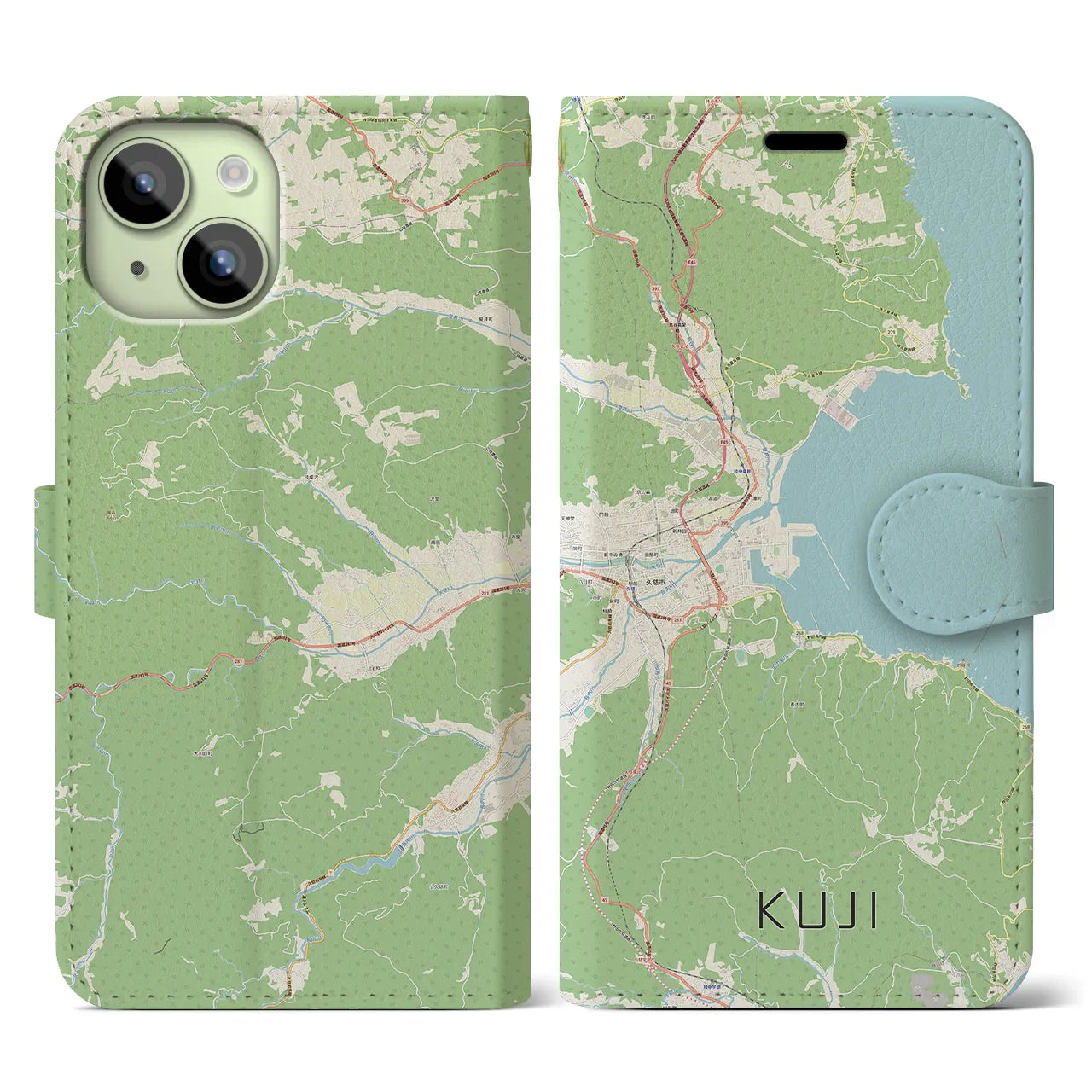 【久慈(岩手県)】地図柄iPhoneケース(手帳タイプ)ナチュラル・iPhone 15 用