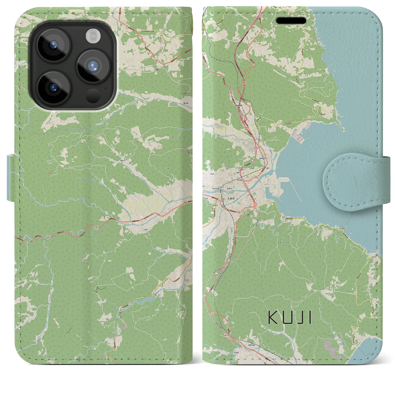 【久慈(岩手県)】地図柄iPhoneケース(手帳タイプ)ナチュラル・iPhone 15 Pro Max 用
