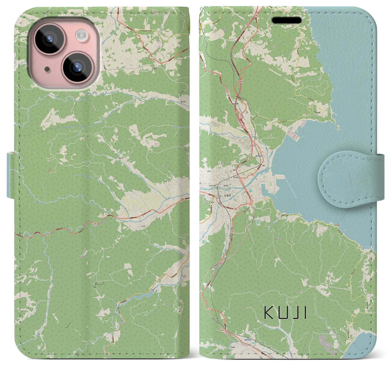 【久慈(岩手県)】地図柄iPhoneケース(手帳タイプ)ナチュラル・iPhone 15 Plus 用