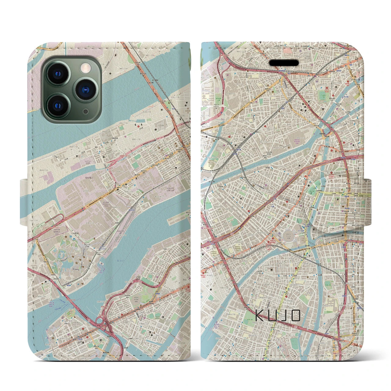 【九条(大阪府)】地図柄iPhoneケース(手帳タイプ)ナチュラル・iPhone 11 Pro 用