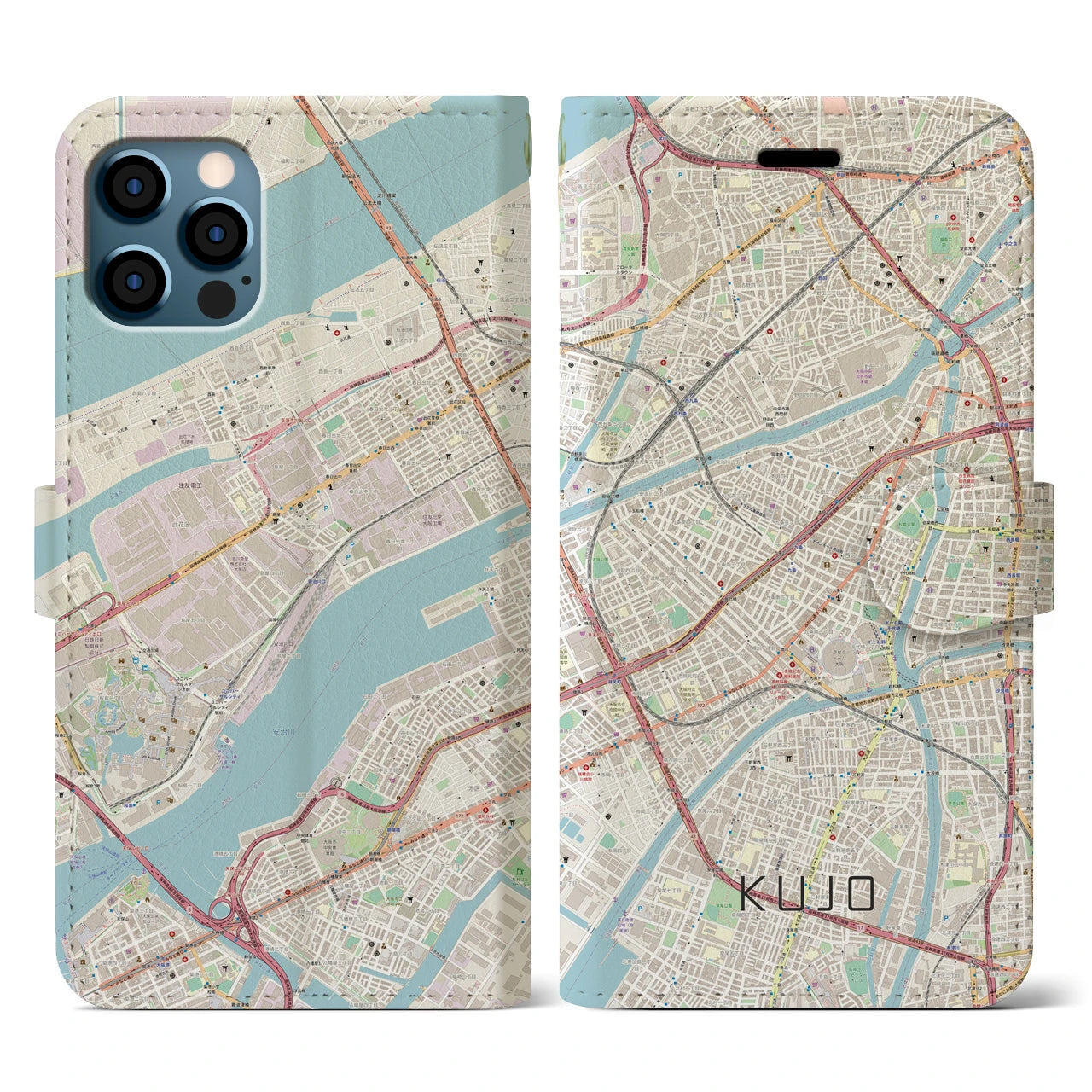 【九条(大阪府)】地図柄iPhoneケース(手帳タイプ)ナチュラル・iPhone 12 / 12 Pro 用