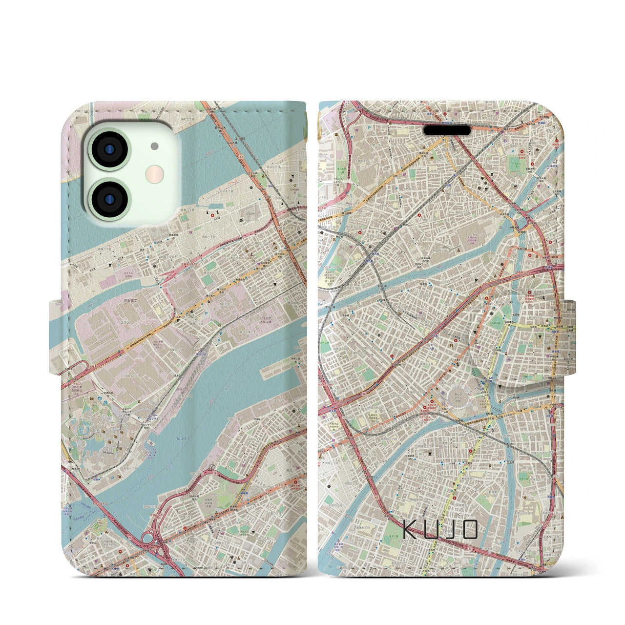 【九条(大阪府)】地図柄iPhoneケース(手帳タイプ)ナチュラル・iPhone 12 mini 用