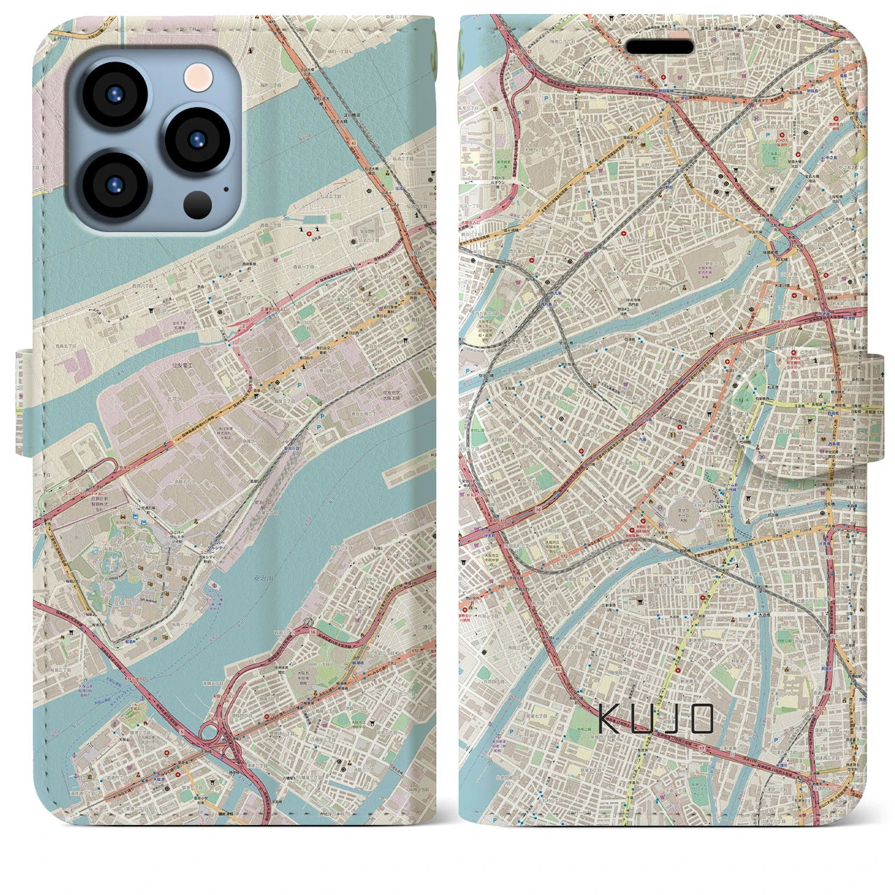 【九条(大阪府)】地図柄iPhoneケース(手帳タイプ)ナチュラル・iPhone 13 Pro Max 用