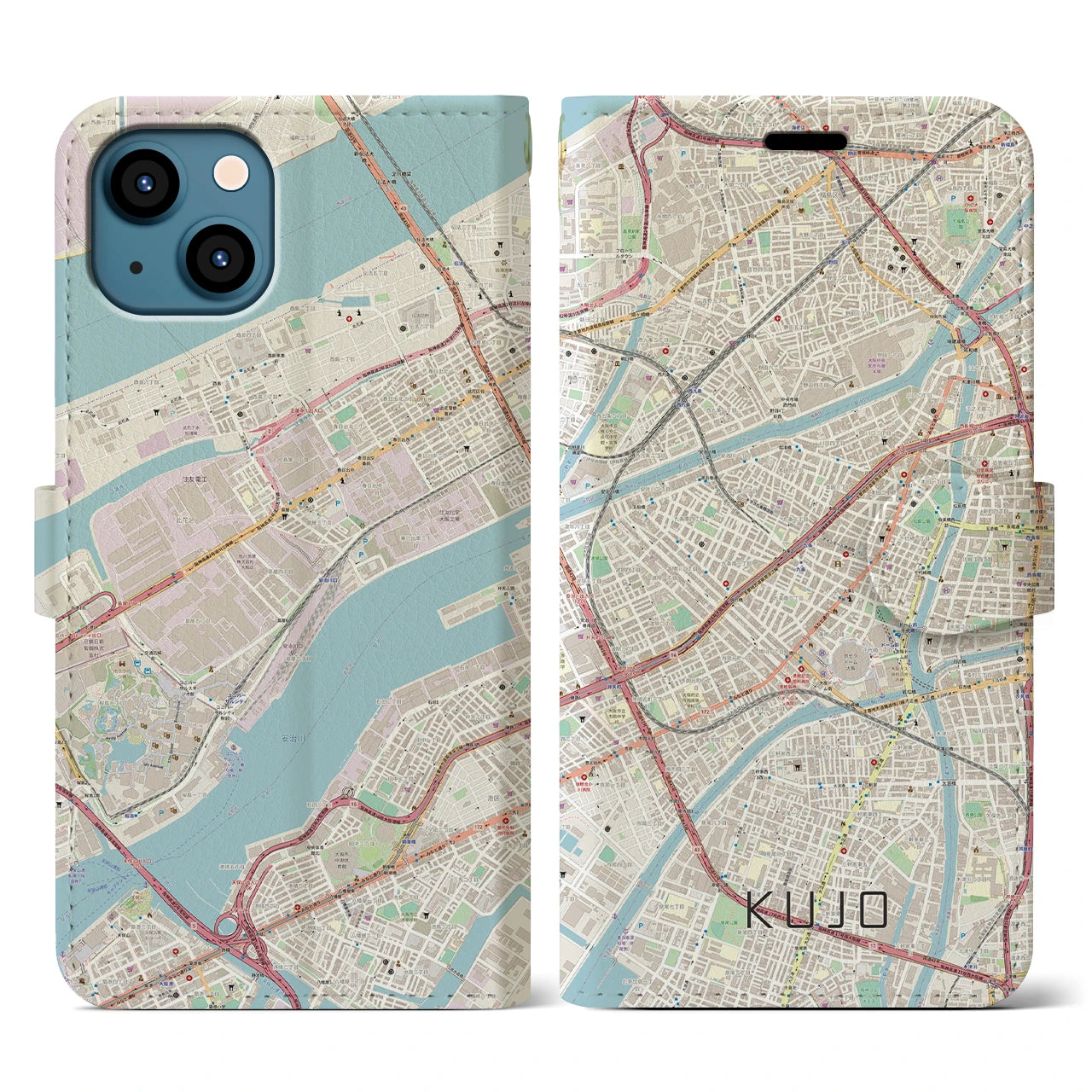 【九条(大阪府)】地図柄iPhoneケース(手帳タイプ)ナチュラル・iPhone 13 用