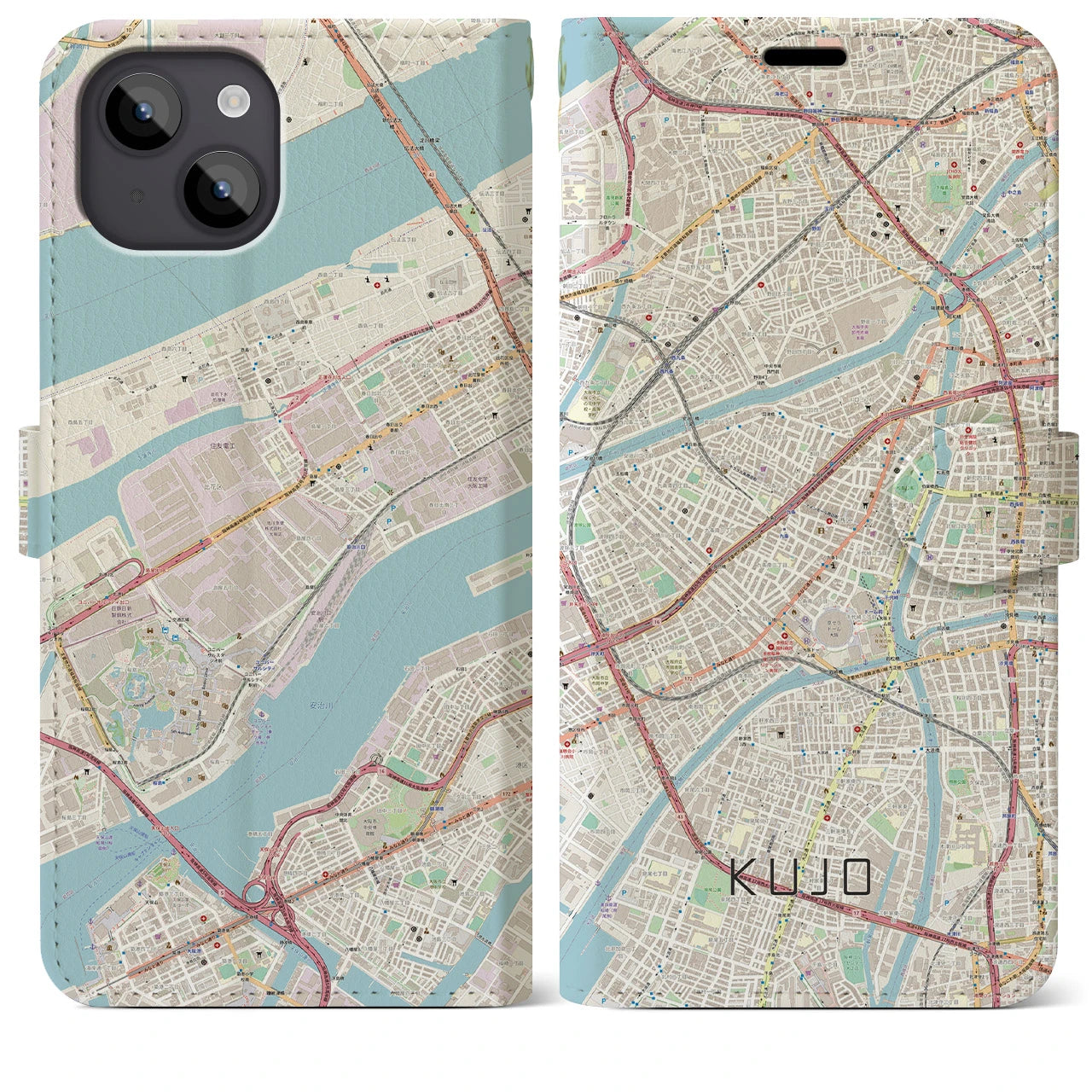 【九条(大阪府)】地図柄iPhoneケース(手帳タイプ)ナチュラル・iPhone 14 Plus 用