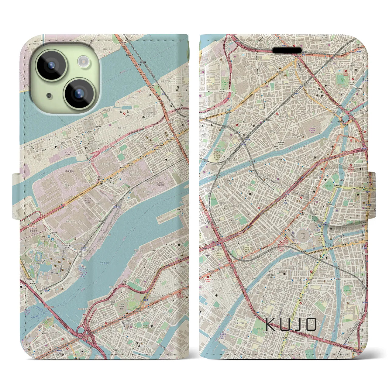 【九条(大阪府)】地図柄iPhoneケース(手帳タイプ)ナチュラル・iPhone 15 用
