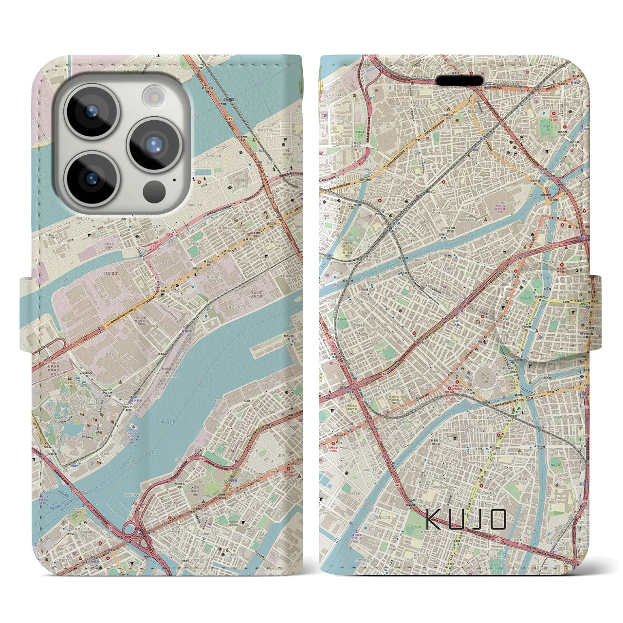 【九条(大阪府)】地図柄iPhoneケース(手帳タイプ)ナチュラル・iPhone 15 Pro 用