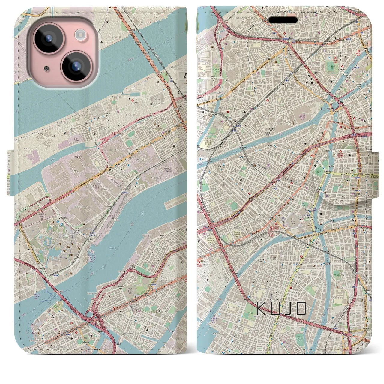 【九条(大阪府)】地図柄iPhoneケース(手帳タイプ)ナチュラル・iPhone 15 Plus 用