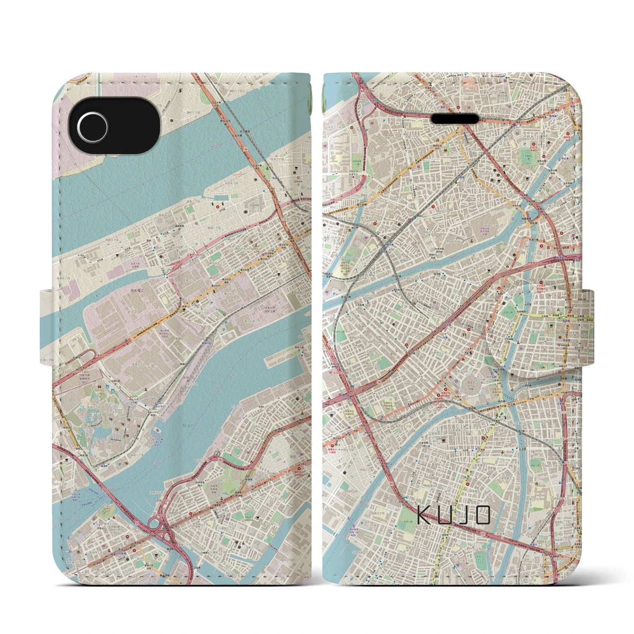 【九条(大阪府)】地図柄iPhoneケース(手帳タイプ)ナチュラル・iPhone SE(第3 / 第2世代) / 8 / 7 / 6s / 6 用