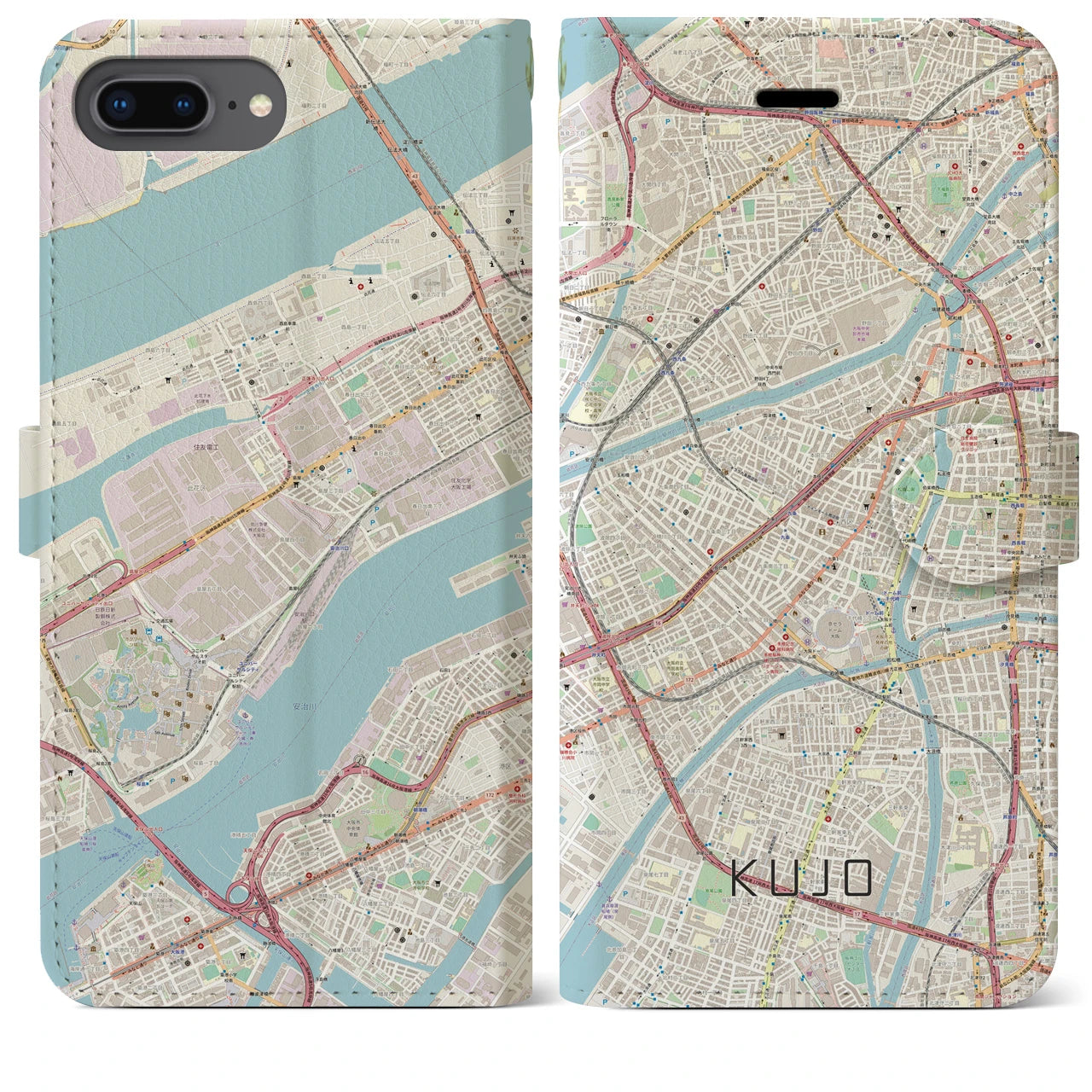 【九条(大阪府)】地図柄iPhoneケース(手帳タイプ)ナチュラル・iPhone 8Plus /7Plus / 6sPlus / 6Plus 用