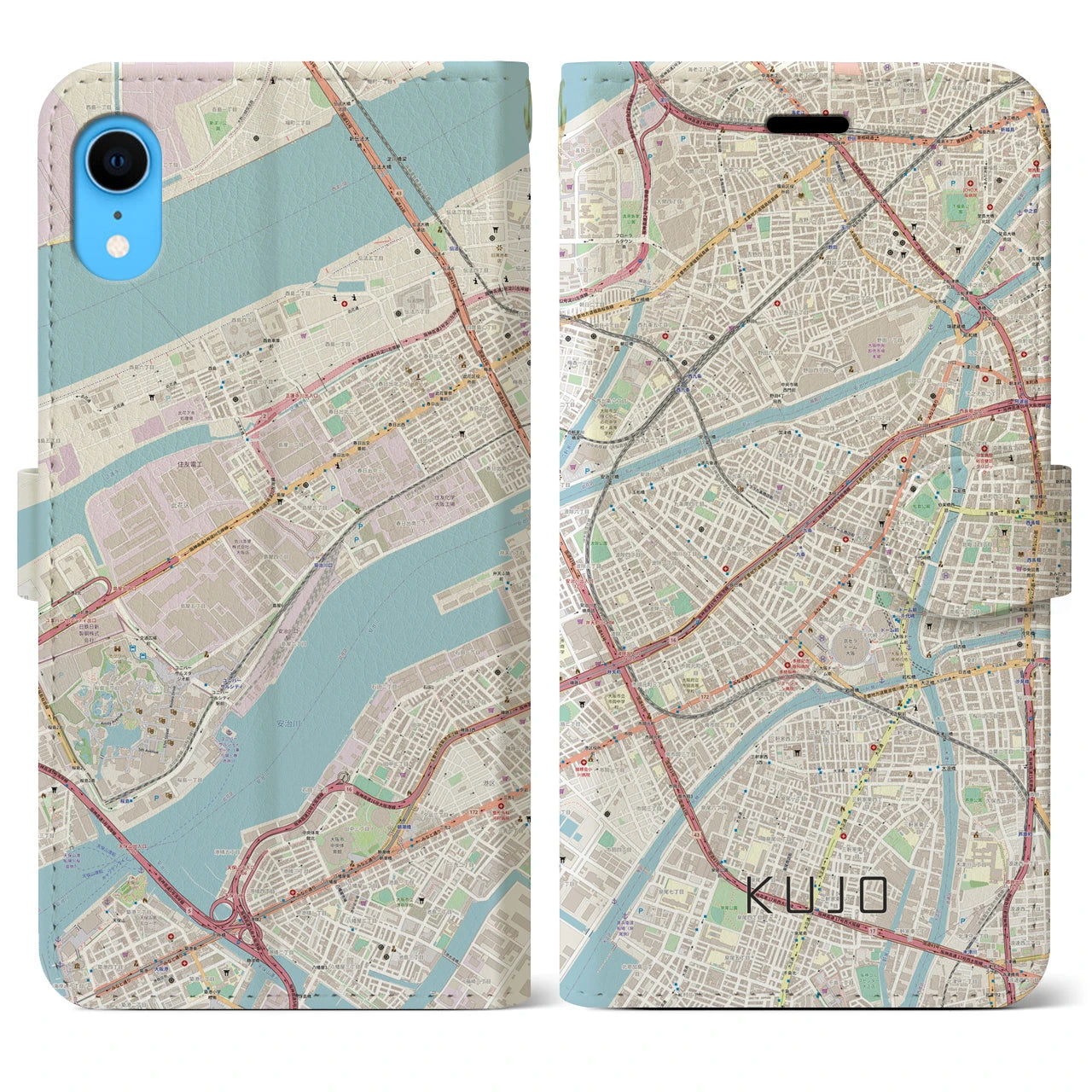 【九条(大阪府)】地図柄iPhoneケース(手帳タイプ)ナチュラル・iPhone XR 用