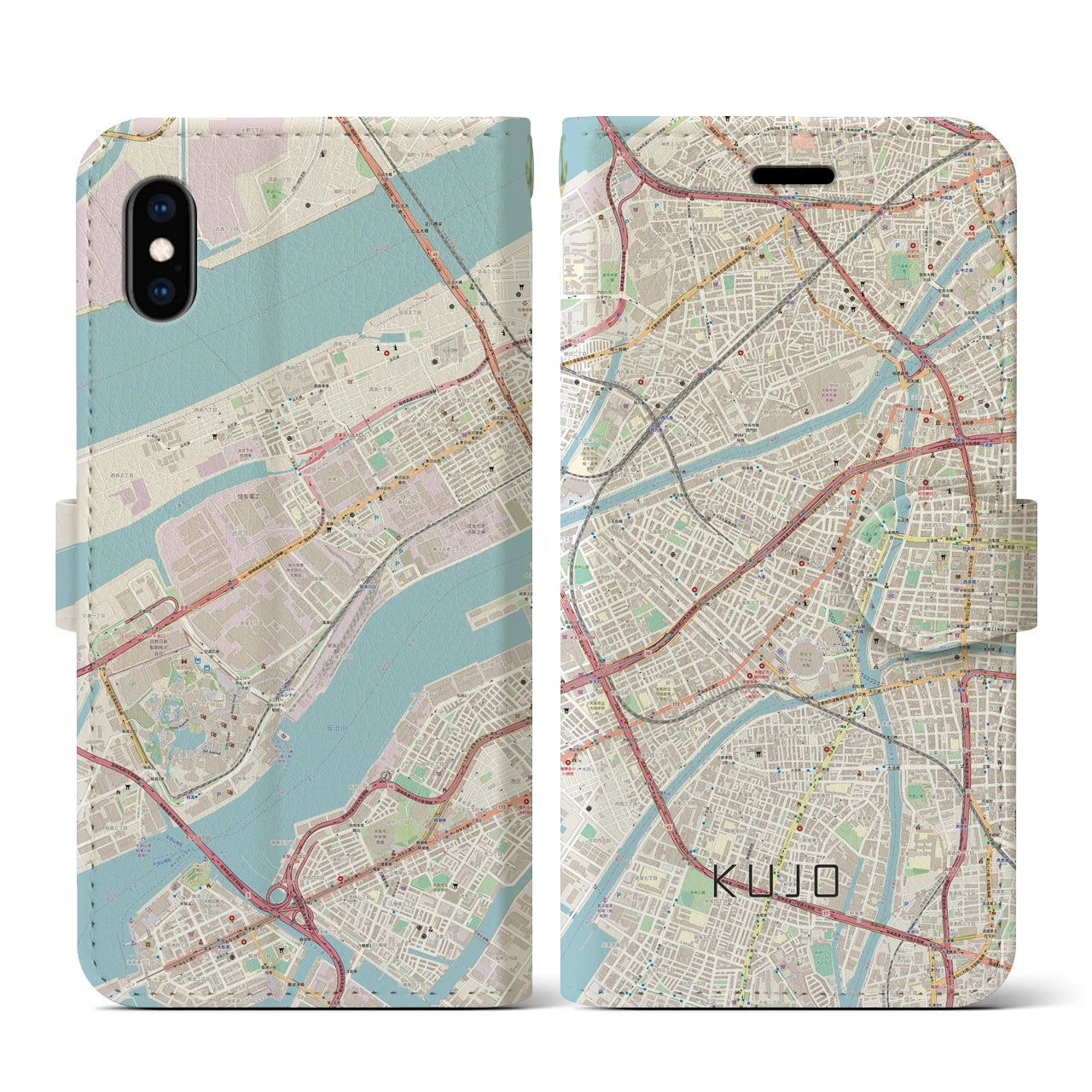 【九条(大阪府)】地図柄iPhoneケース(手帳タイプ)ナチュラル・iPhone XS / X 用
