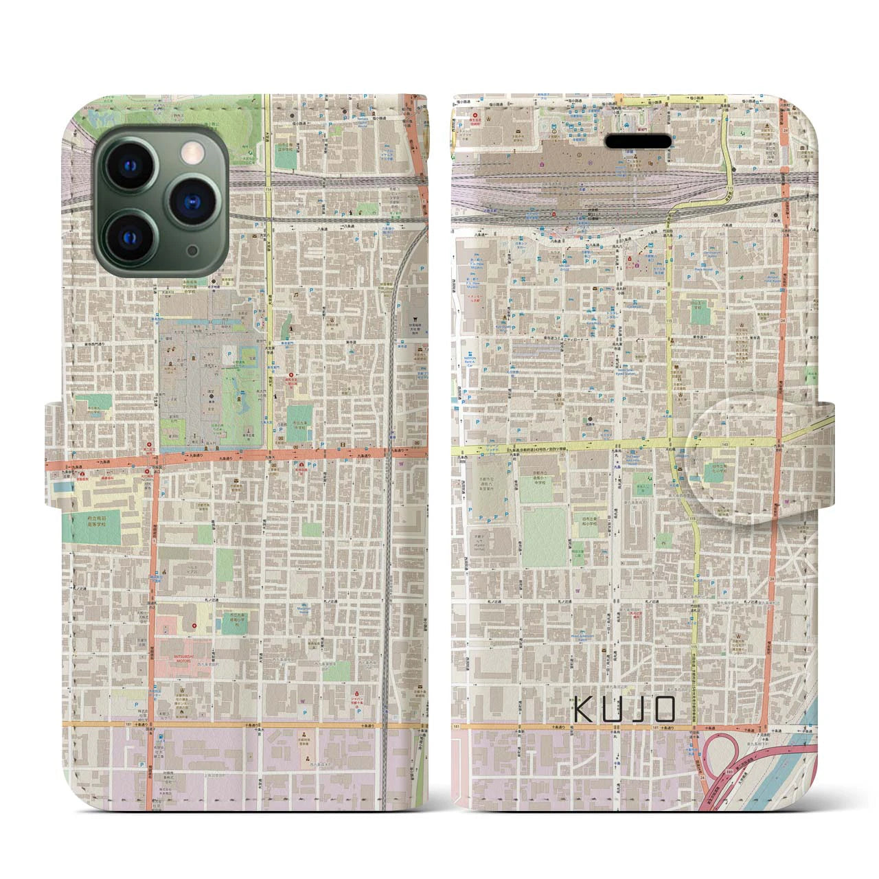 【九条(京都府)】地図柄iPhoneケース(手帳タイプ)ナチュラル・iPhone 11 Pro 用