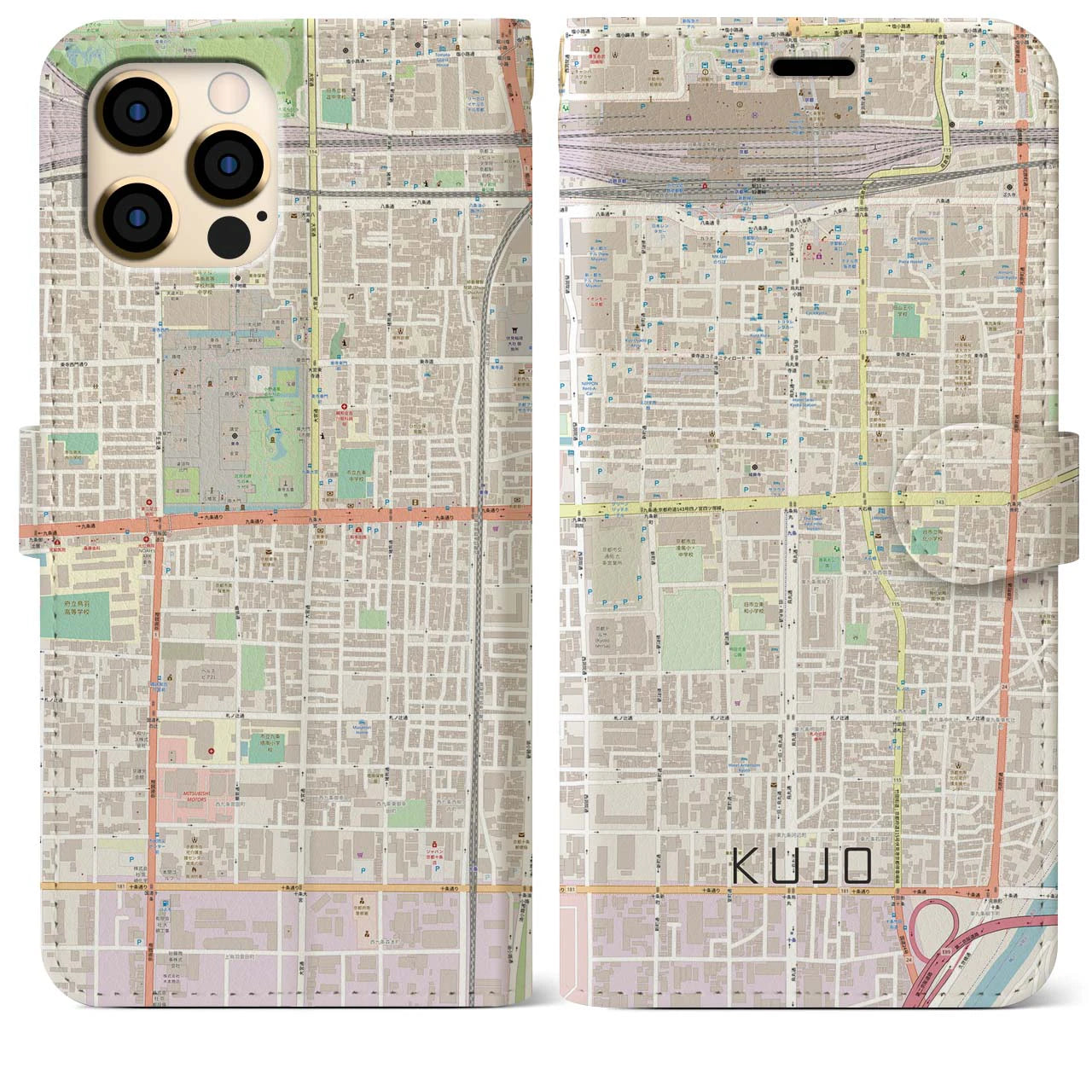 【九条(京都府)】地図柄iPhoneケース(手帳タイプ)ナチュラル・iPhone 12 Pro Max 用