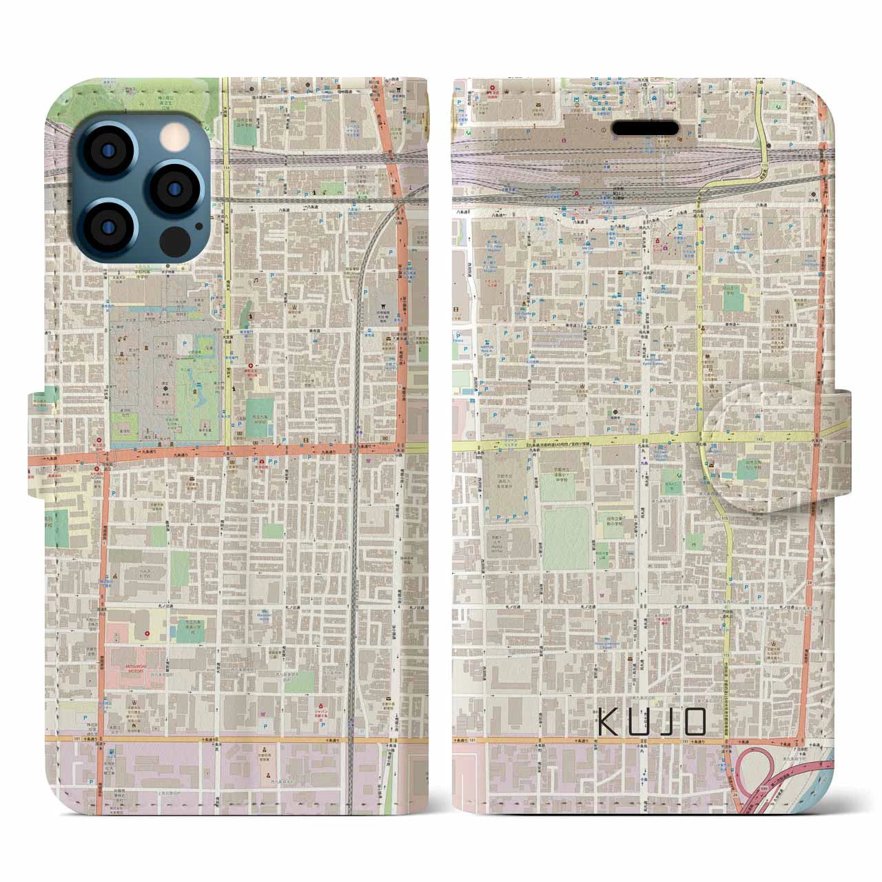 【九条(京都府)】地図柄iPhoneケース(手帳タイプ)ナチュラル・iPhone 12 / 12 Pro 用
