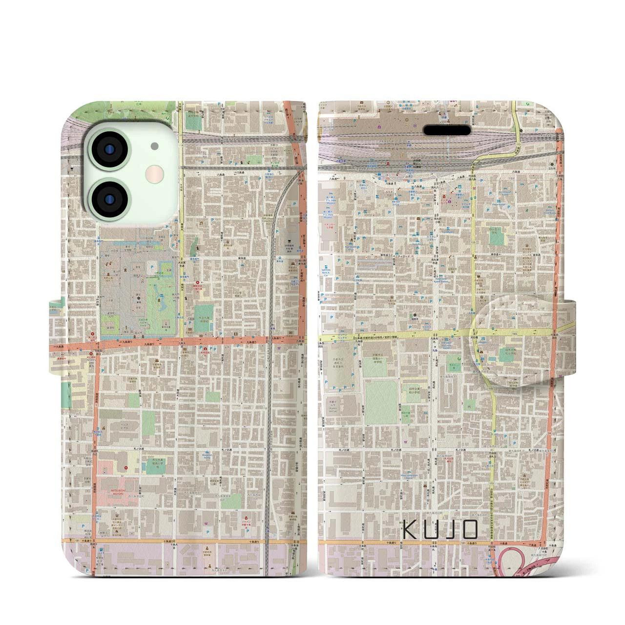 【九条(京都府)】地図柄iPhoneケース(手帳タイプ)ナチュラル・iPhone 12 mini 用