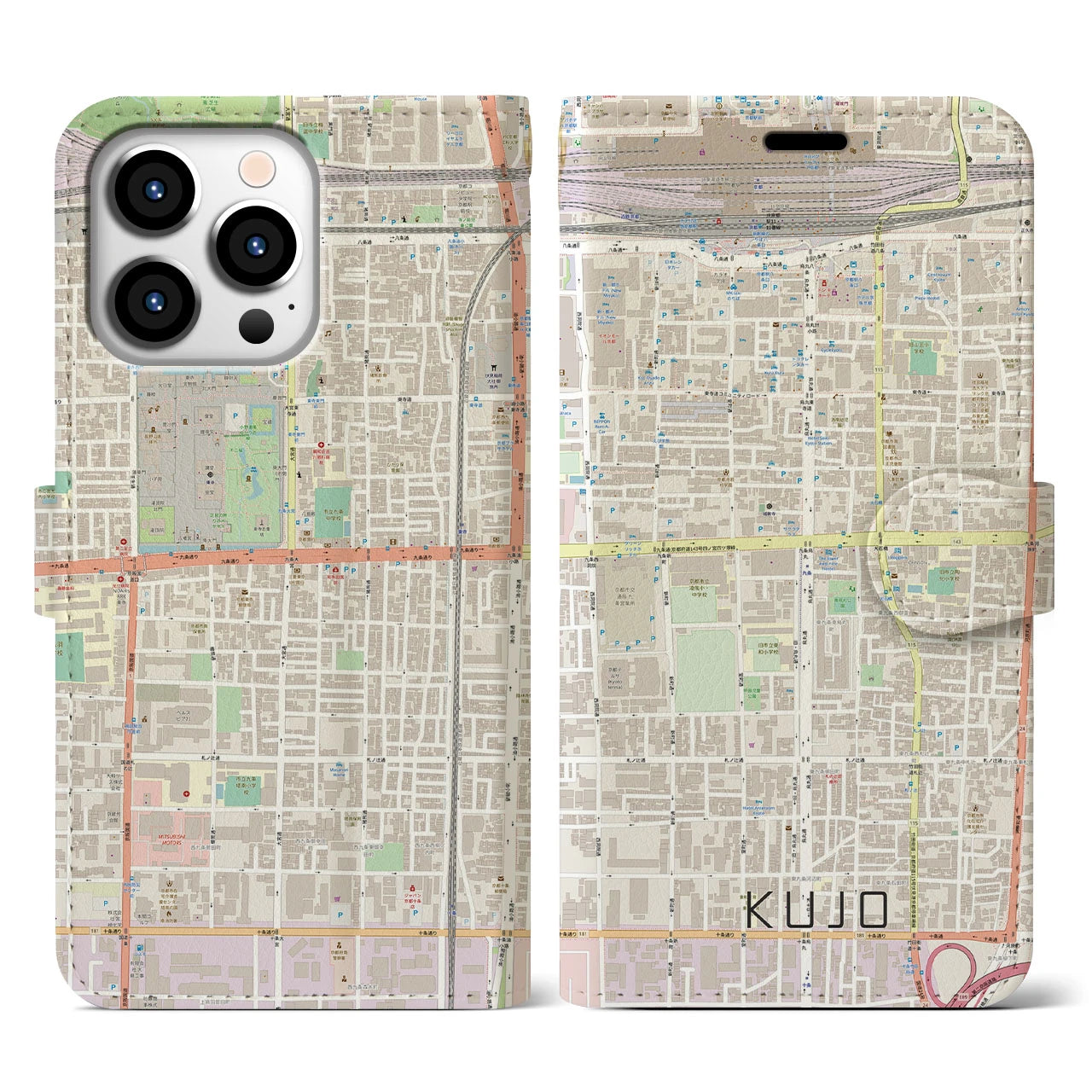 【九条(京都府)】地図柄iPhoneケース(手帳タイプ)ナチュラル・iPhone 13 Pro 用