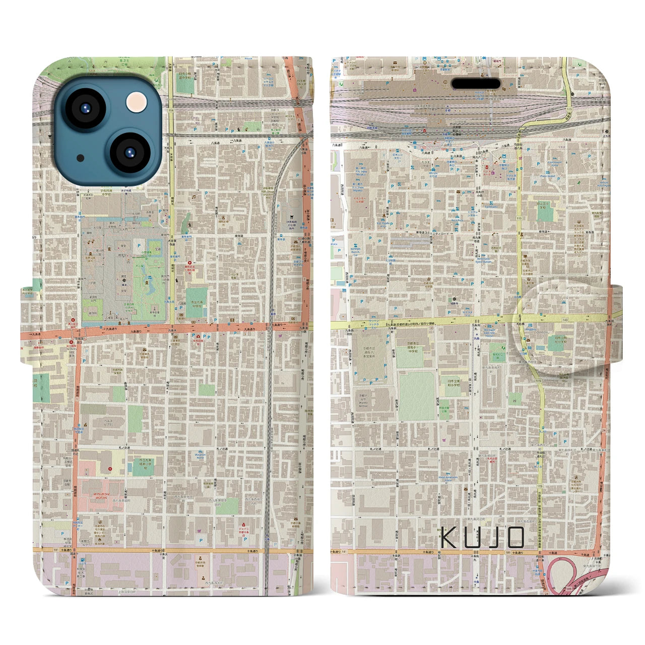 【九条(京都府)】地図柄iPhoneケース(手帳タイプ)ナチュラル・iPhone 13 用