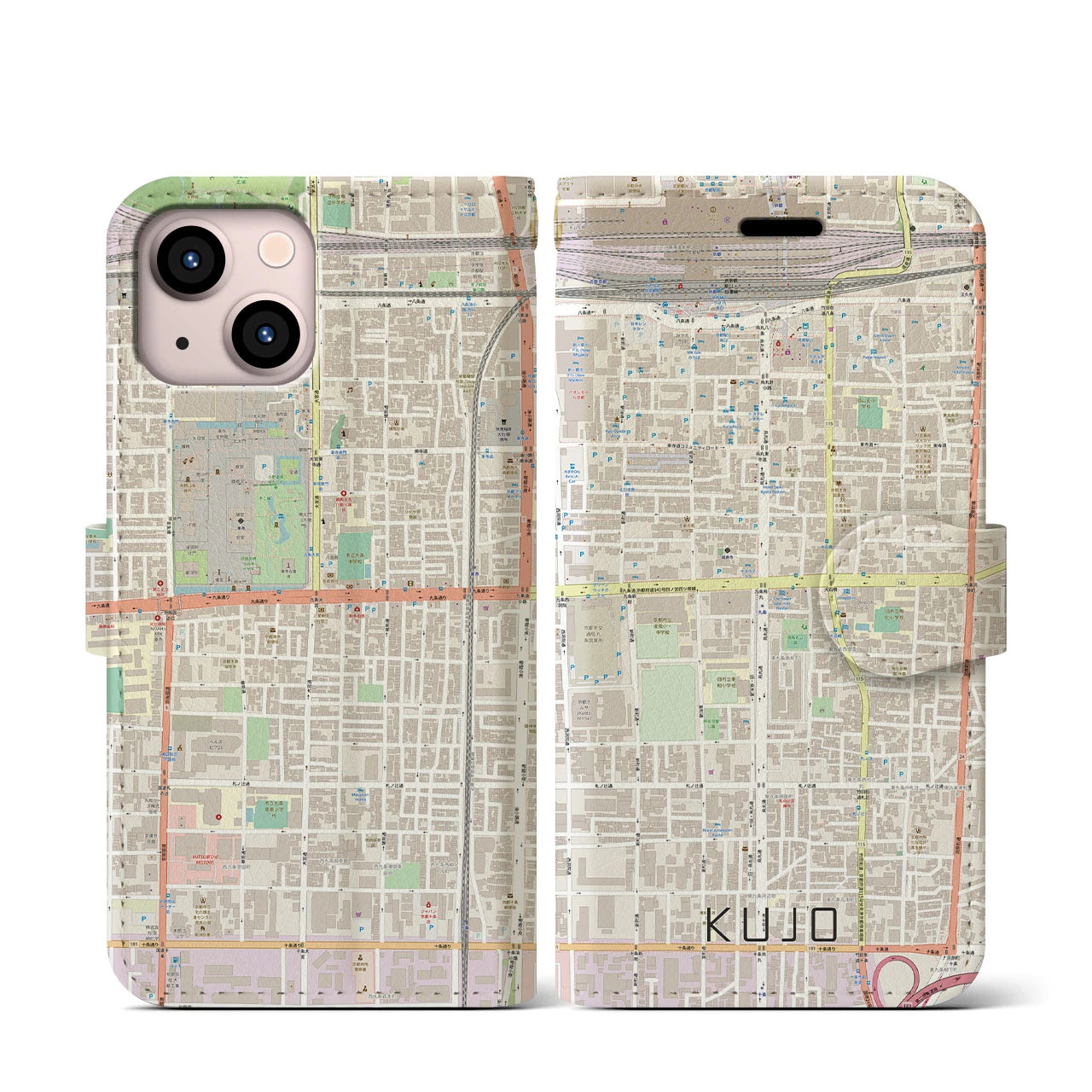 【九条(京都府)】地図柄iPhoneケース(手帳タイプ)ナチュラル・iPhone 13 mini 用