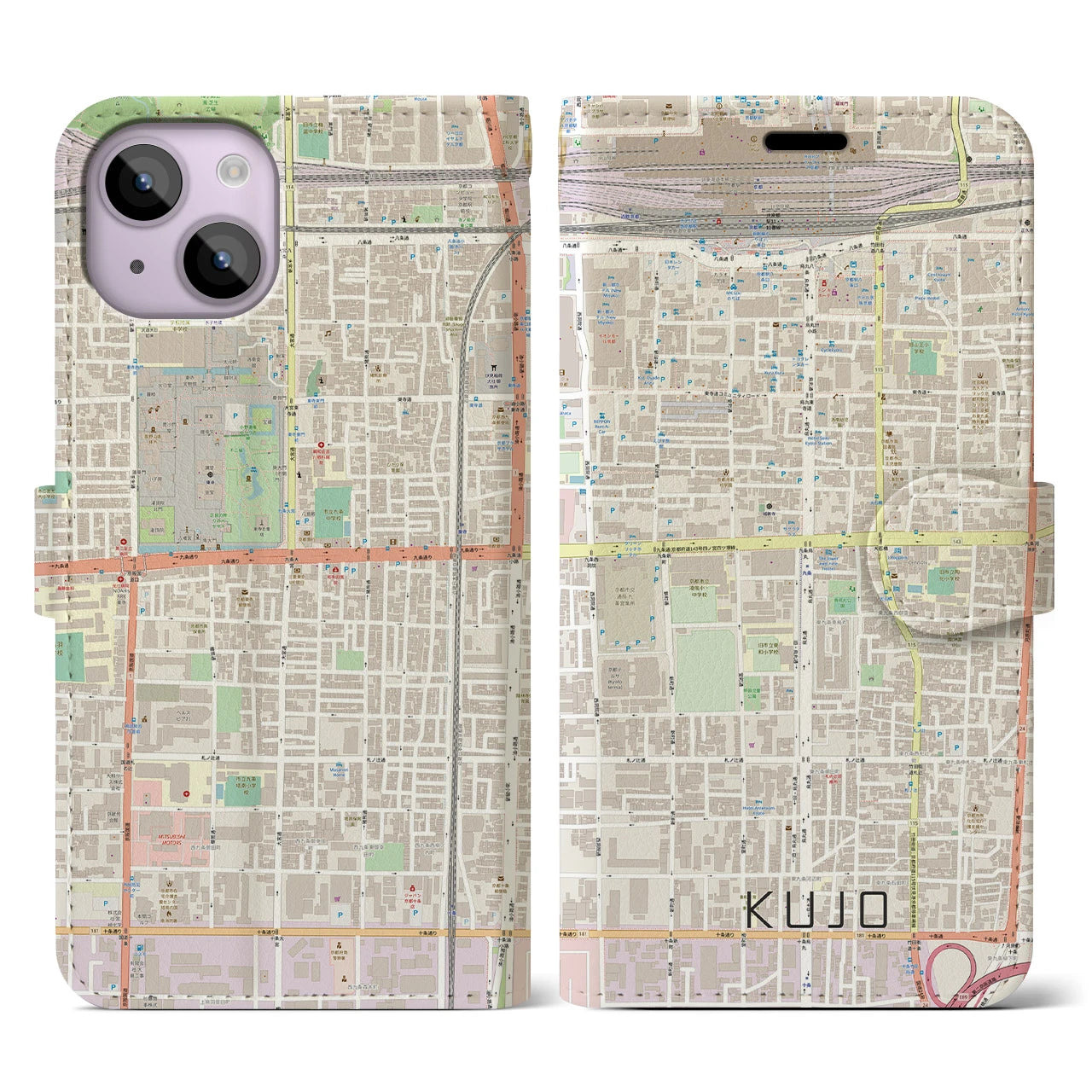 【九条(京都府)】地図柄iPhoneケース(手帳タイプ)ナチュラル・iPhone 14 用