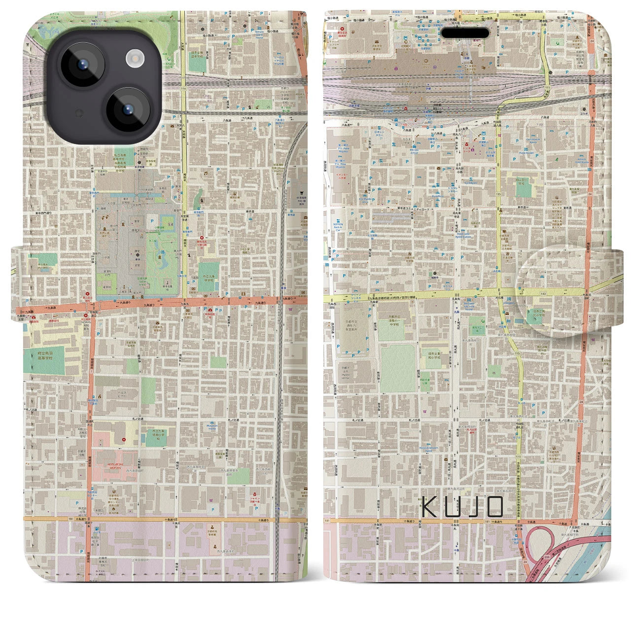 【九条(京都府)】地図柄iPhoneケース(手帳タイプ)ナチュラル・iPhone 14 Plus 用