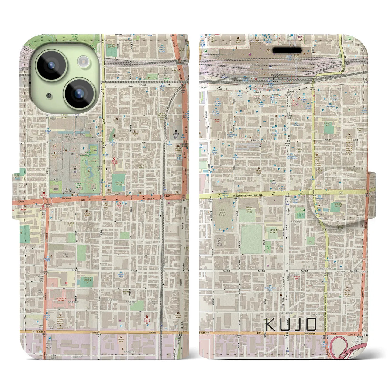 【九条(京都府)】地図柄iPhoneケース(手帳タイプ)ナチュラル・iPhone 15 用
