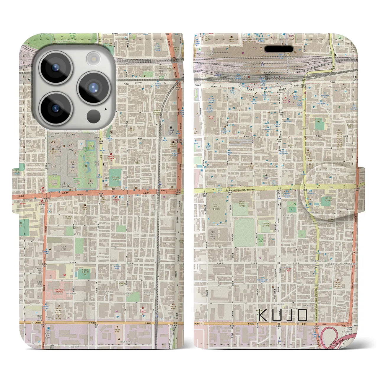 【九条(京都府)】地図柄iPhoneケース(手帳タイプ)ナチュラル・iPhone 15 Pro 用