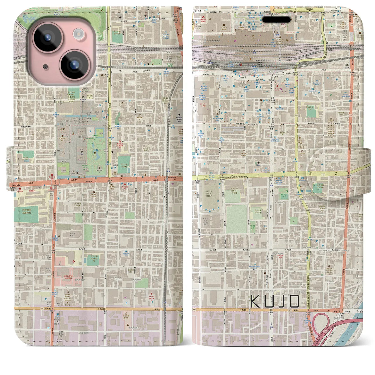 【九条(京都府)】地図柄iPhoneケース(手帳タイプ)ナチュラル・iPhone 15 Plus 用