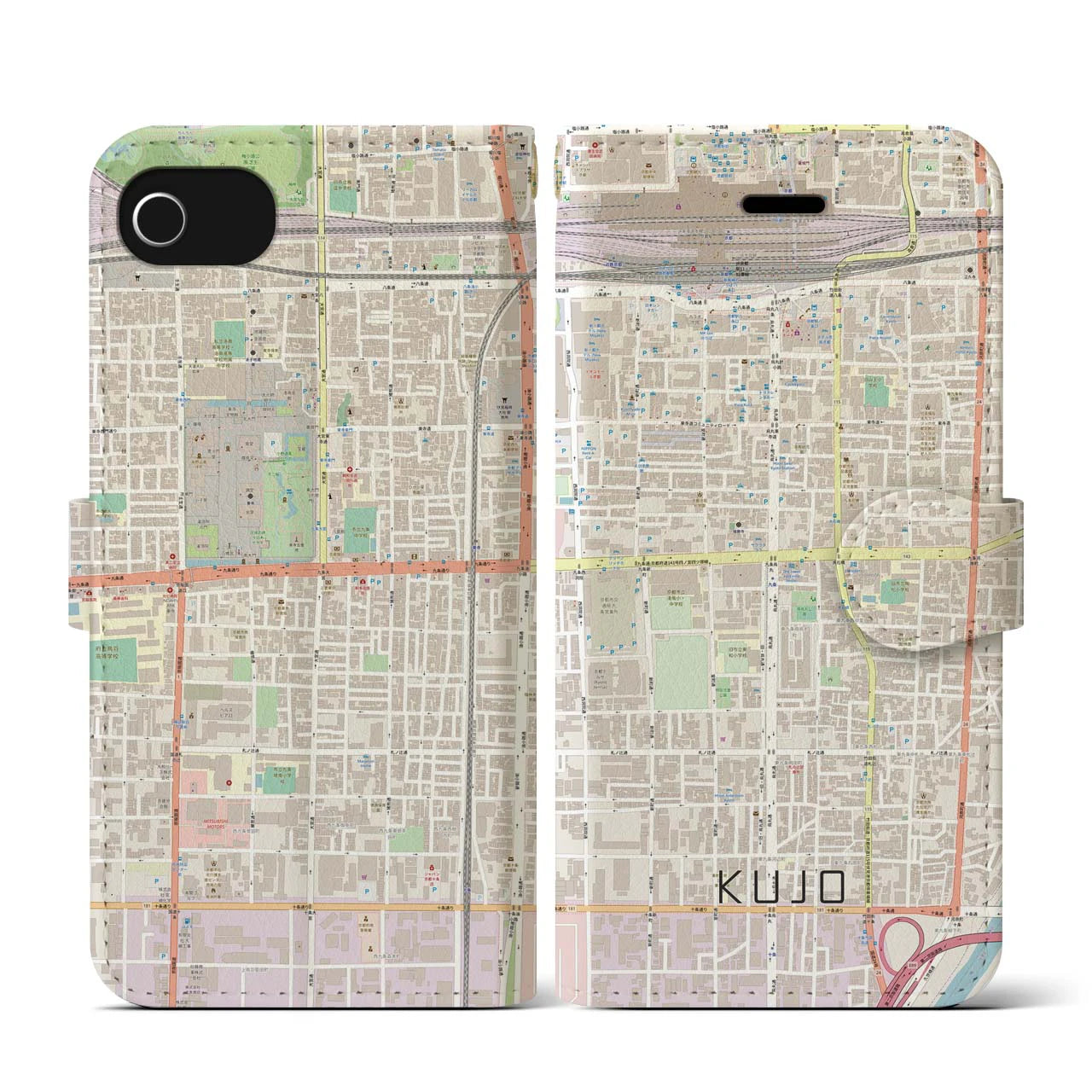 【九条(京都府)】地図柄iPhoneケース(手帳タイプ)ナチュラル・iPhone SE(第3 / 第2世代) / 8 / 7 / 6s / 6 用